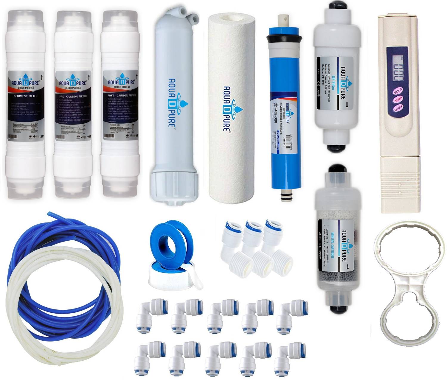 AquaDpure Complete RO Service kit of membrane & filter for Water Purifier (All Type) (Full Service Kit With 03 Inline) Solid Filter Cartridge