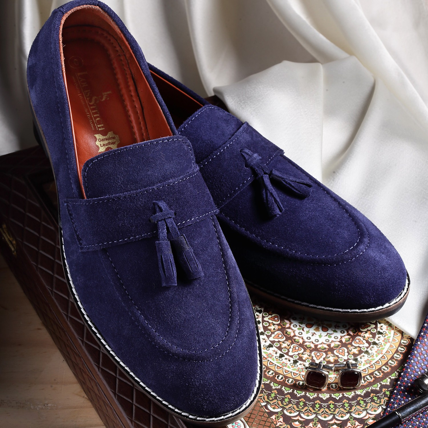 Image of LOUIS STITCH Men's Federal Blue Italian Suede Leather Loafer Moccasin Shoes 11 UK Loafers For Men