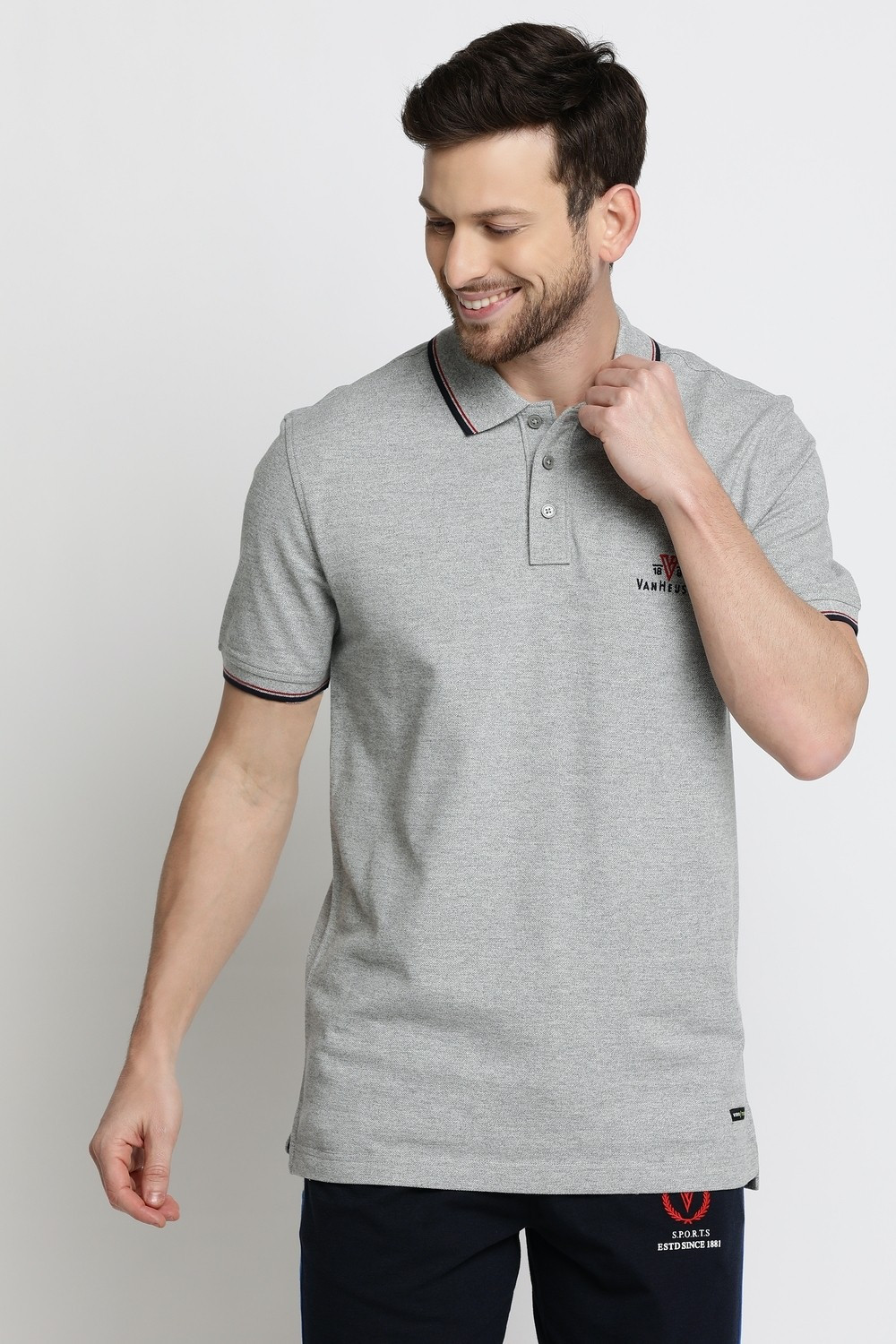 Image of VAN HEUSEN Solid Men Polo Neck Grey T-Shirt