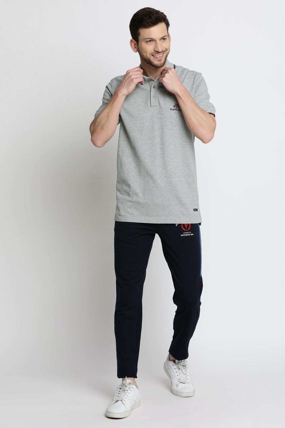 Image of VAN HEUSEN Solid Men Polo Neck Grey T-Shirt