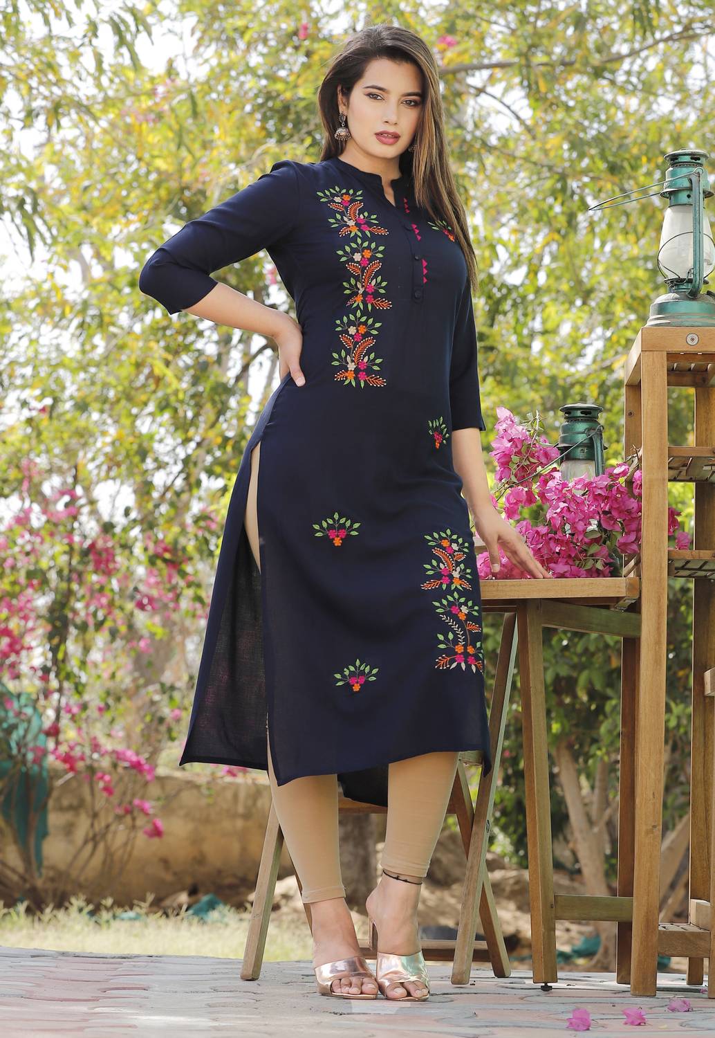 MHS Women Embroidered Viscose Rayon Straight Kurta (Dark Blue)