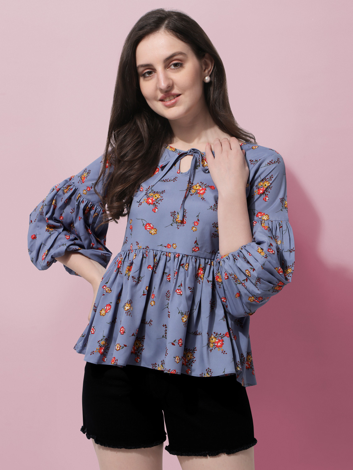 Image of Oomph! Casual Floral Print Women Grey Top