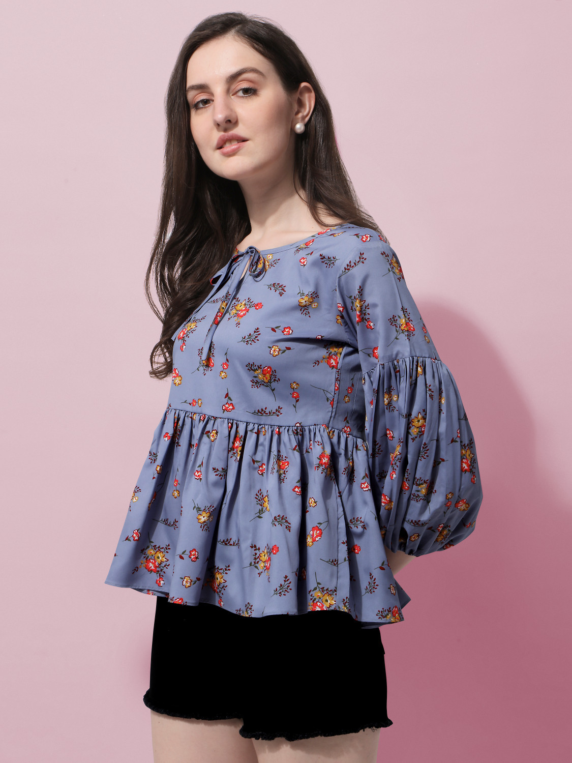 Image of Oomph! Casual Floral Print Women Grey Top