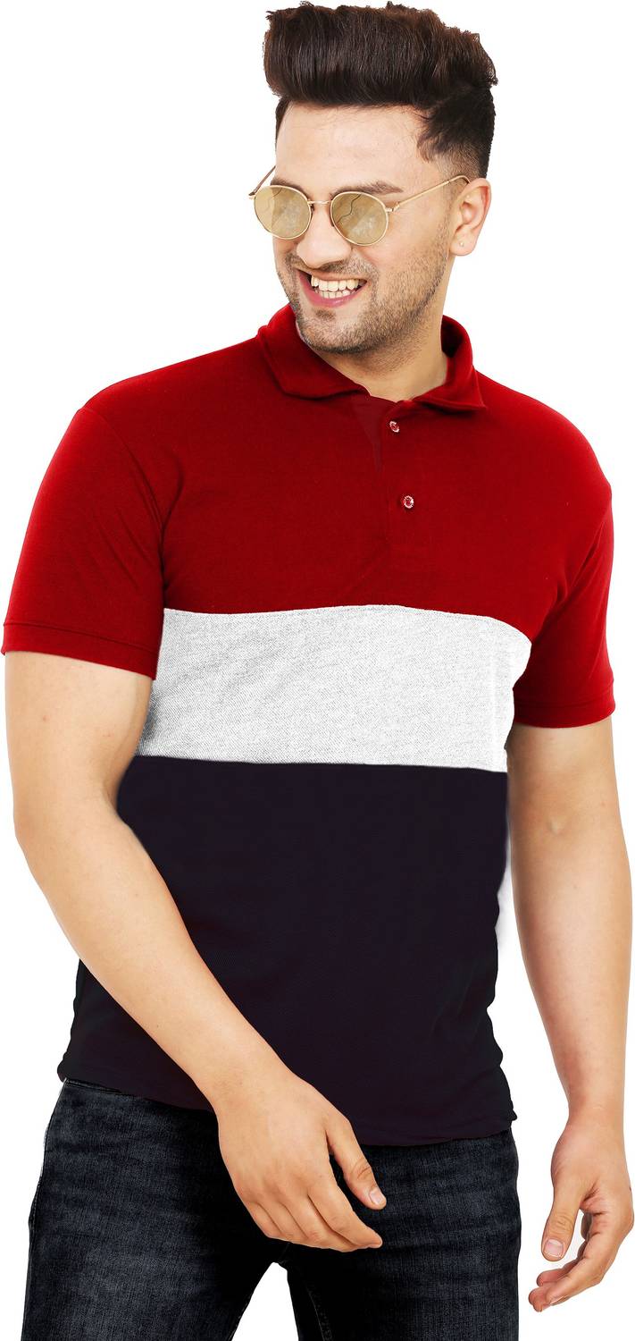 Leotude Men Colorblock Polo Neck Cotton Blend Multicolor T-Shirt