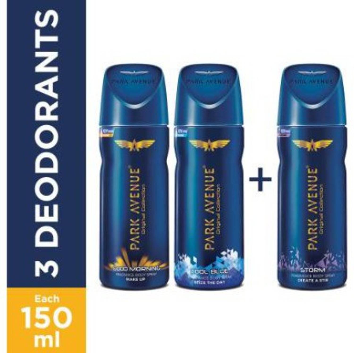 PARK AVENUE Good Morning , Cool Blue & Storm Deodorant Spray - For Men (450 ml, Pack of 3) Body Mist - For Men Rs. 368 - Flipkart