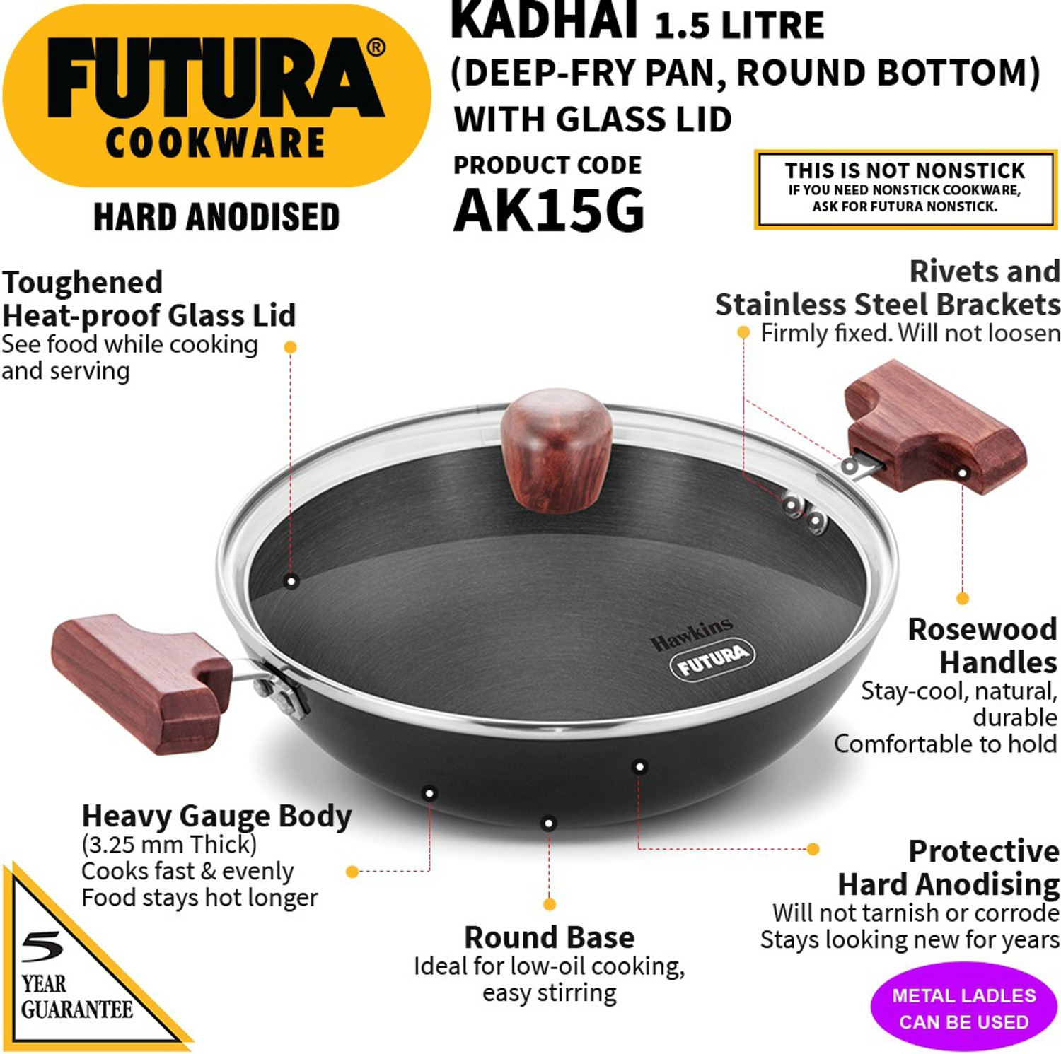 Image of Hawkins Deep-Fry Pan, Glass (AK15G) Kadhai 22 cm diameter with Lid 1.5 L capacity