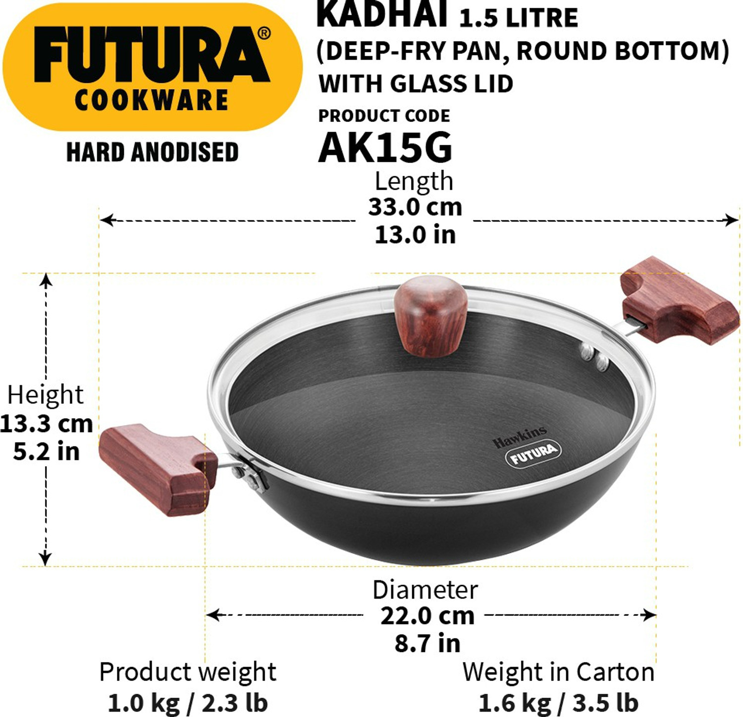 Image of Hawkins Deep-Fry Pan, Glass (AK15G) Kadhai 22 cm diameter with Lid 1.5 L capacity