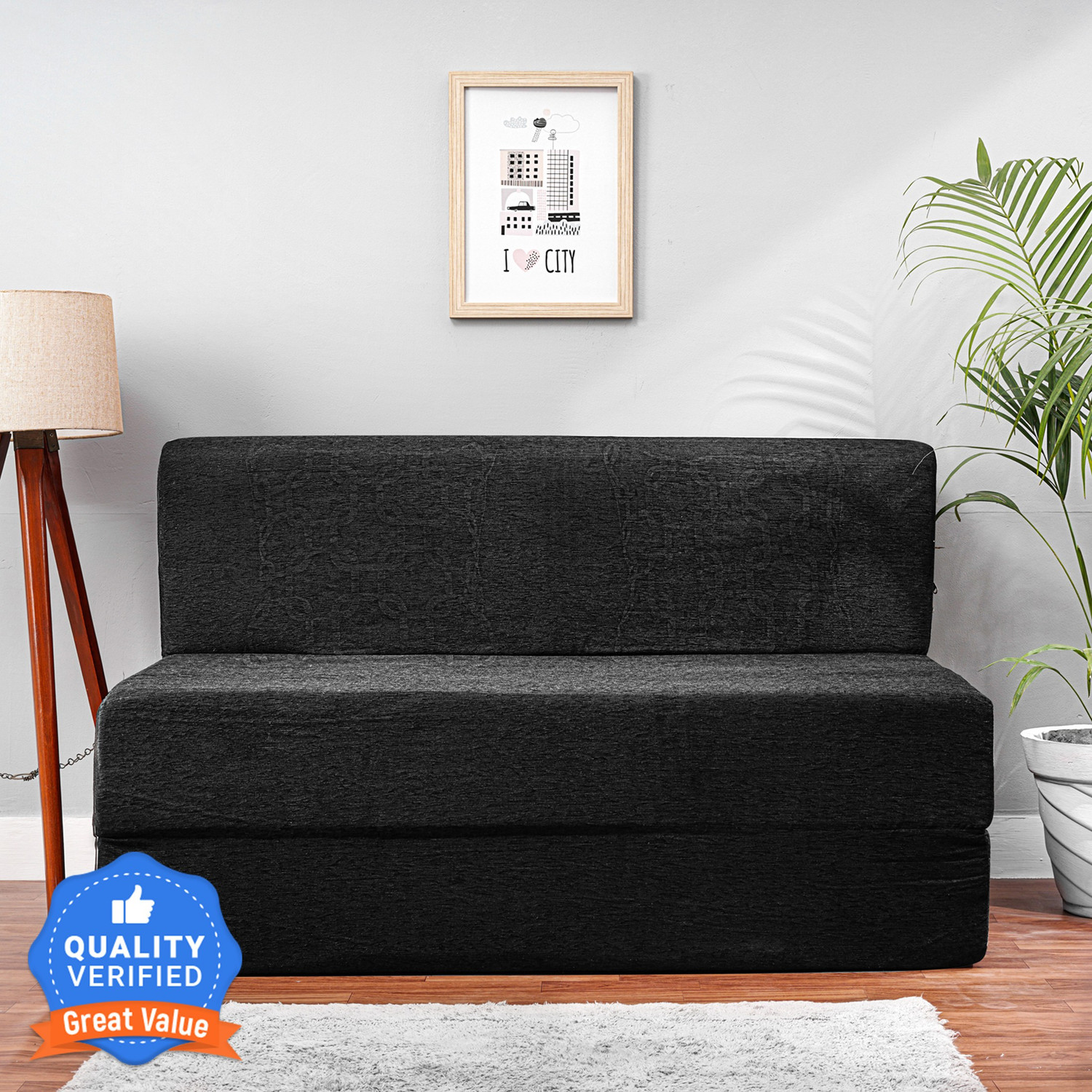 Image of Solis Primus-comfort for all 4X6 size for 2 Person- Moshi Fabric Washable Cover Black 2 Seater Double Foam Fold Out Sofa Cum Bed (Finish Color - Black Delivery Condition - Pre-assembled)