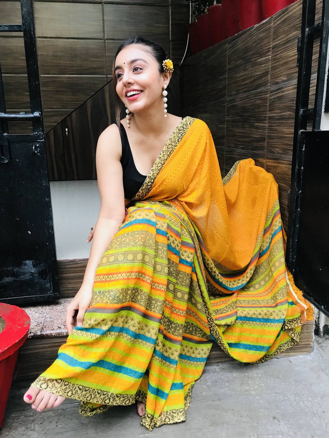 Anand Sarees Printed, Geometric Print, Striped Daily Wear Georgette Saree