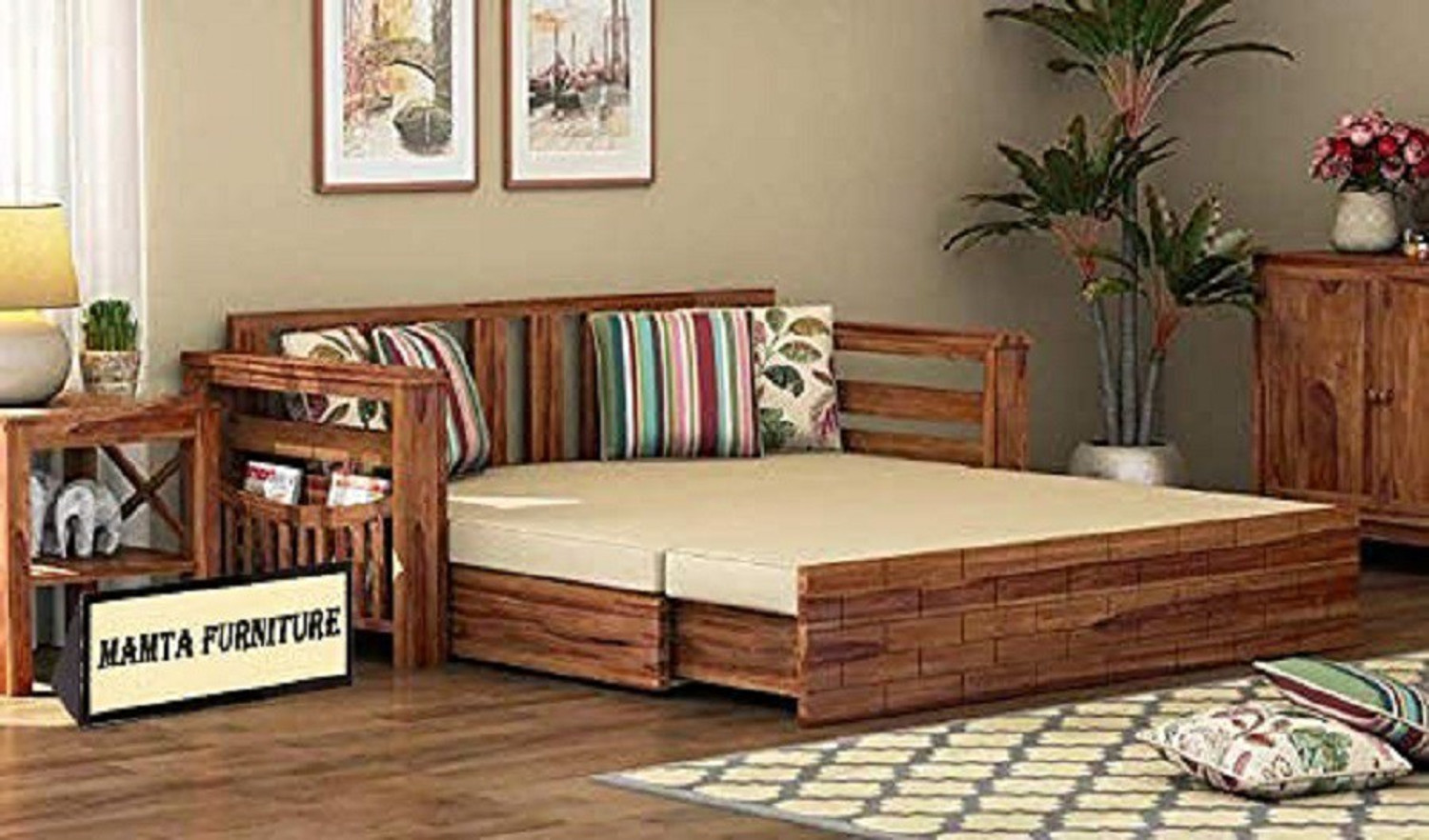 Image of Divine Arts Solid Sheesham Wood Set with Storage and 3 Seater Double Solid Wood Pull Out Sofa Cum Bed
