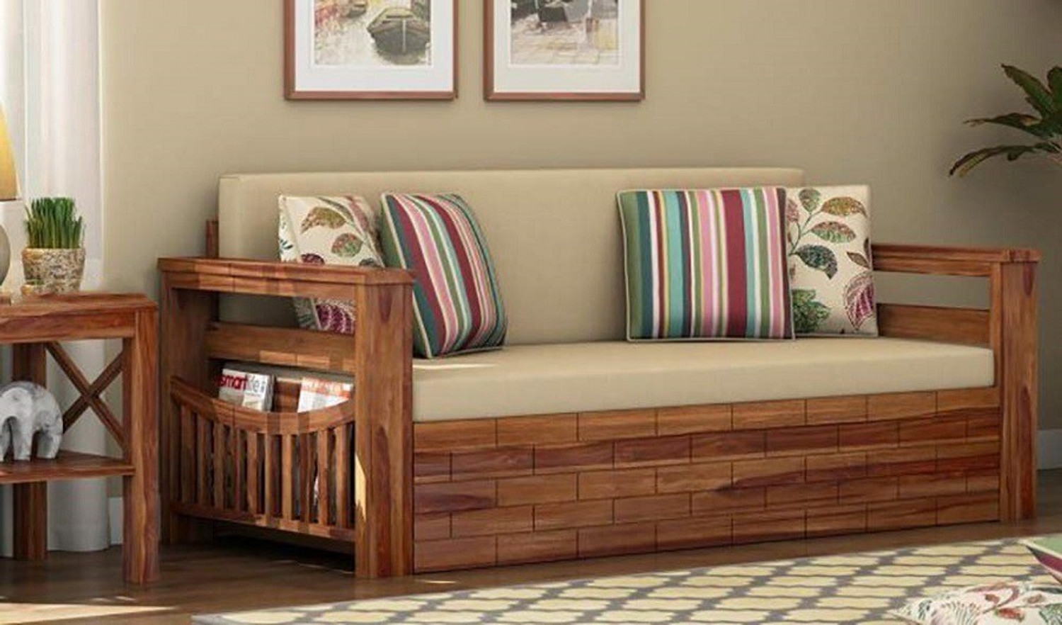Image of Divine Arts Solid Sheesham Wood Set with Storage and 3 Seater Double Solid Wood Pull Out Sofa Cum Bed