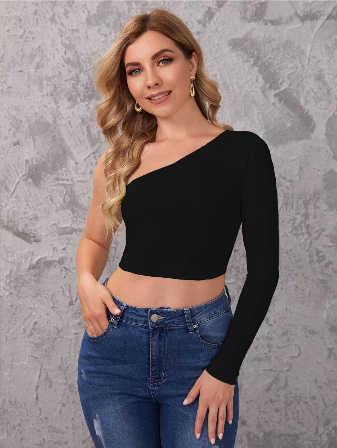 Nalax Designs Casual One Shoulder Sleeves Solid Women Black Top