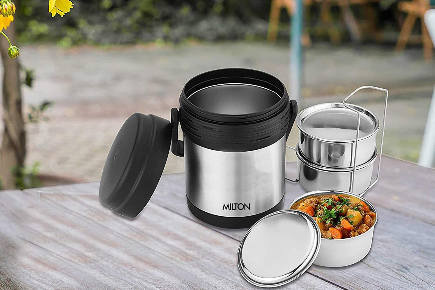 Image of MILTON Thermosteel Hot Meal 3 Stainless Steel Inner Container Lunch Box 3 Containers Stainless Steel Office Lunch Box