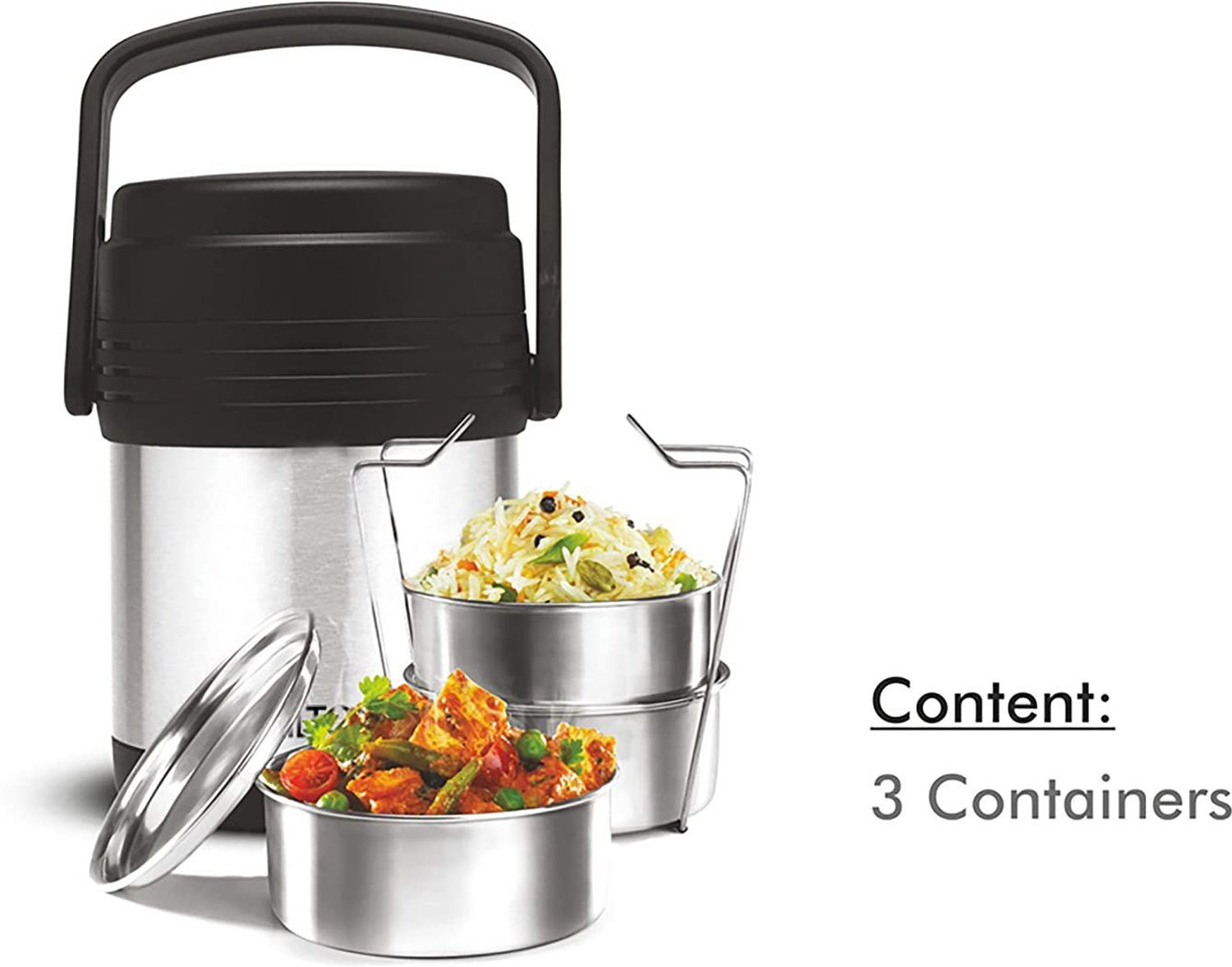 Image of MILTON Thermosteel Hot Meal 3 Stainless Steel Inner Container Lunch Box 3 Containers Stainless Steel Office Lunch Box