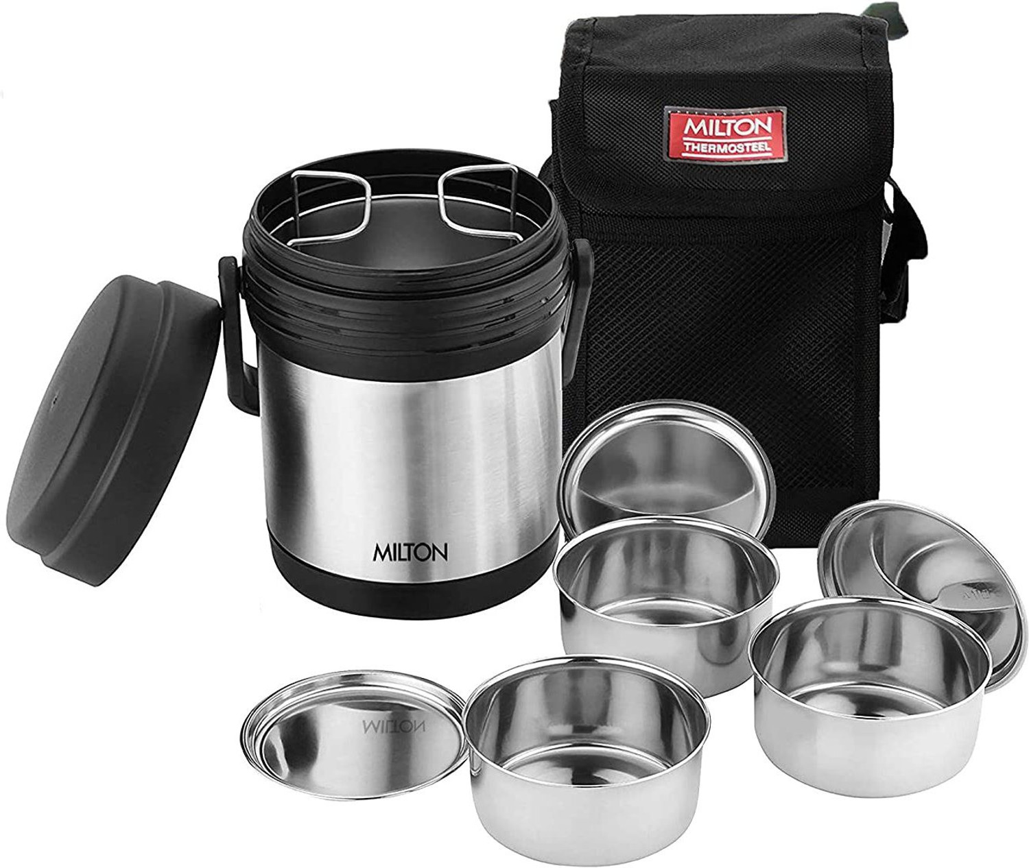 Image of MILTON Thermosteel Hot Meal 3 Stainless Steel Inner Container Lunch Box 3 Containers Stainless Steel Office Lunch Box