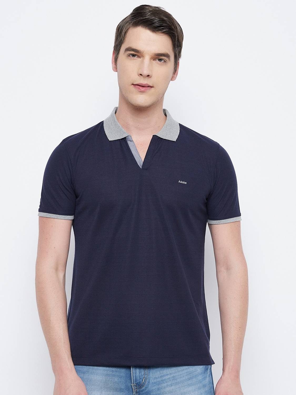 Adobe Solid Men Polo Neck Navy Blue T-Shirt