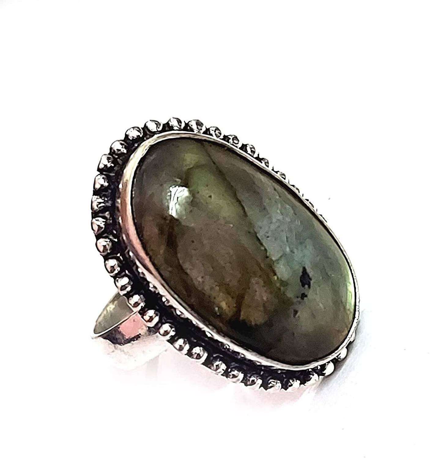 AIR9999 Natural Labradorite Oval Crystal Free Size Ring For Women & Girls Metal Crystal Ring