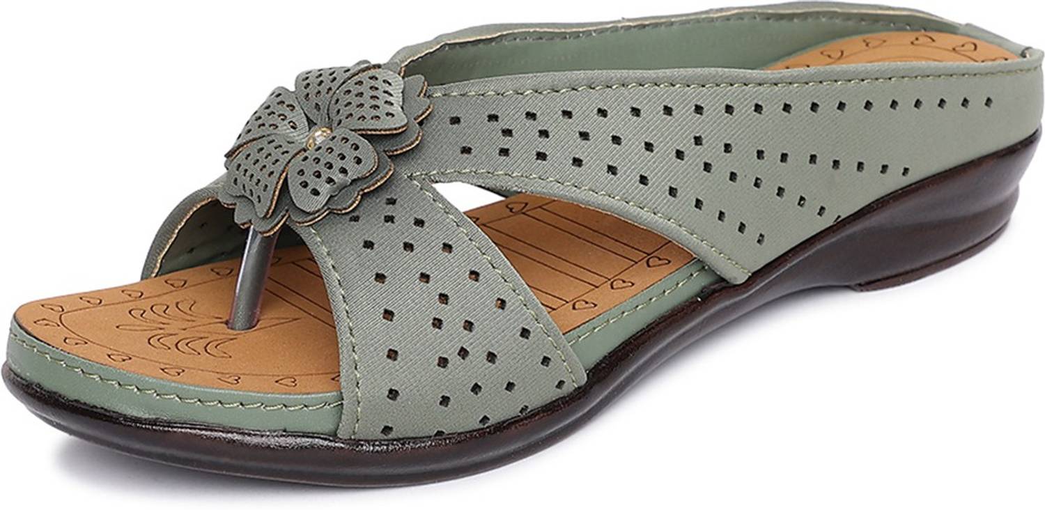 ORTHO JOY Women Wedges Sandal (Green , 5)