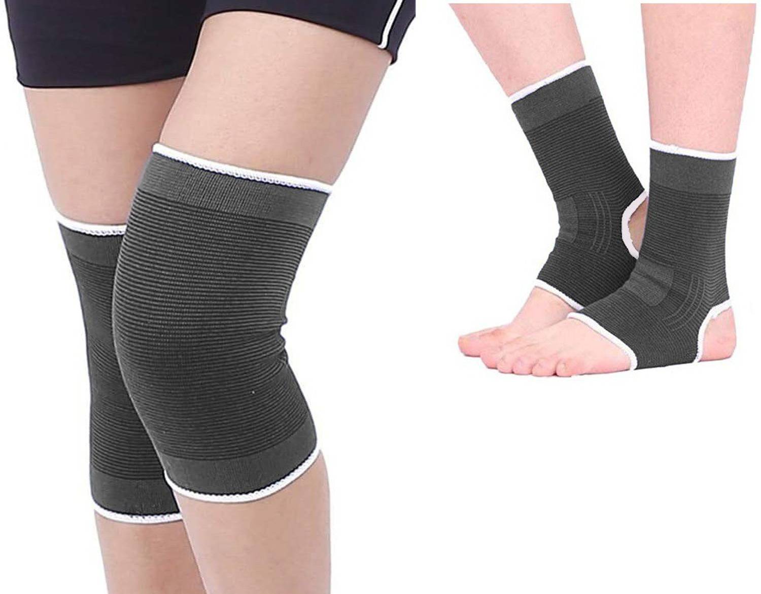 BIGWHEEL Combo Of Unisex Elastic Protector Knee Support Sleeves for Pain Relief With Ankle Support