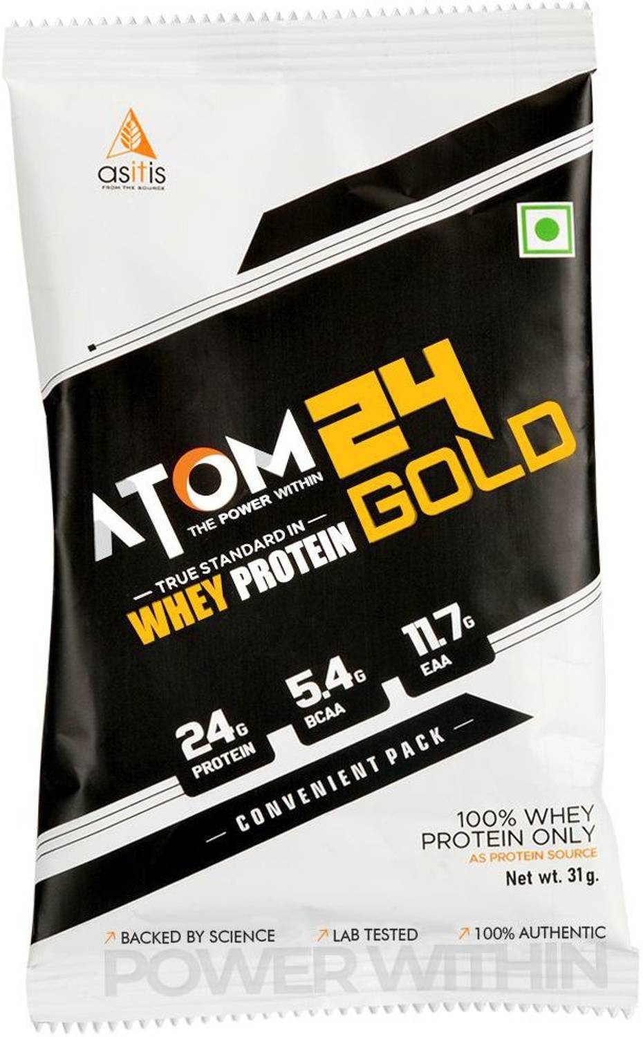 AS-IT-IS Nutrition ATOM 24 Gold Whey Protein Single Serving Sachet - 31 grams | 24g Protein | Whey Protein