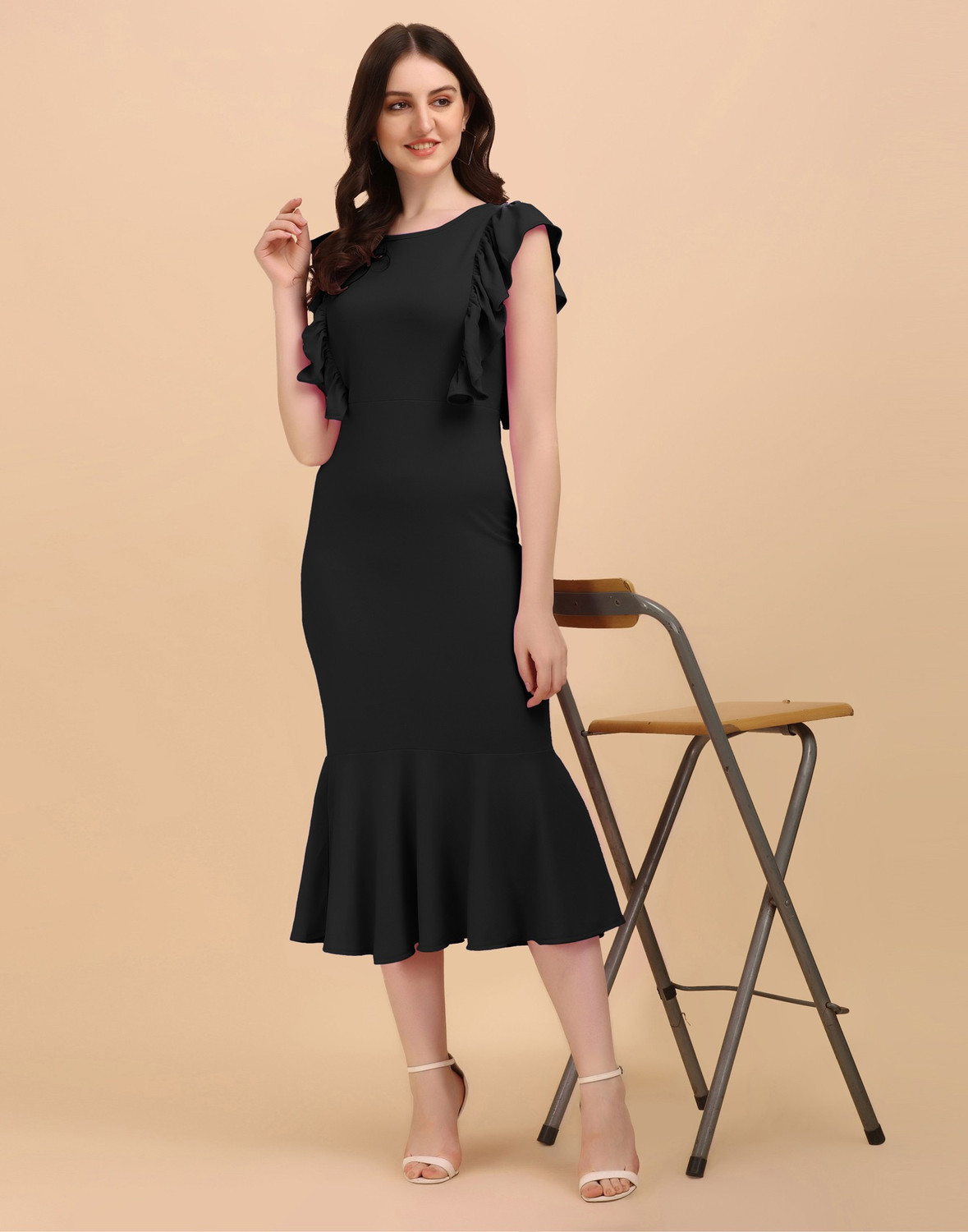 Image of Selvia Women Bodycon Black Midi /Calf Length Dress