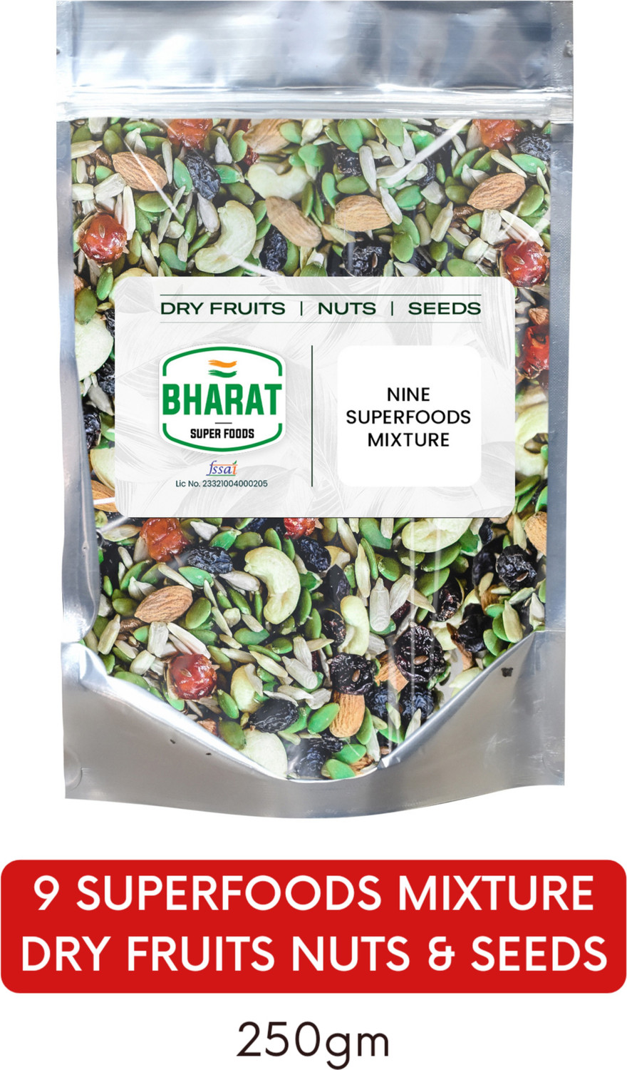 Image of Bharat Super Foods Premium Dry Fruits, Nuts & Seeds Super Healthy 9 in 1 Mix - 100% Natural 250gm Assorted Seeds & Nuts