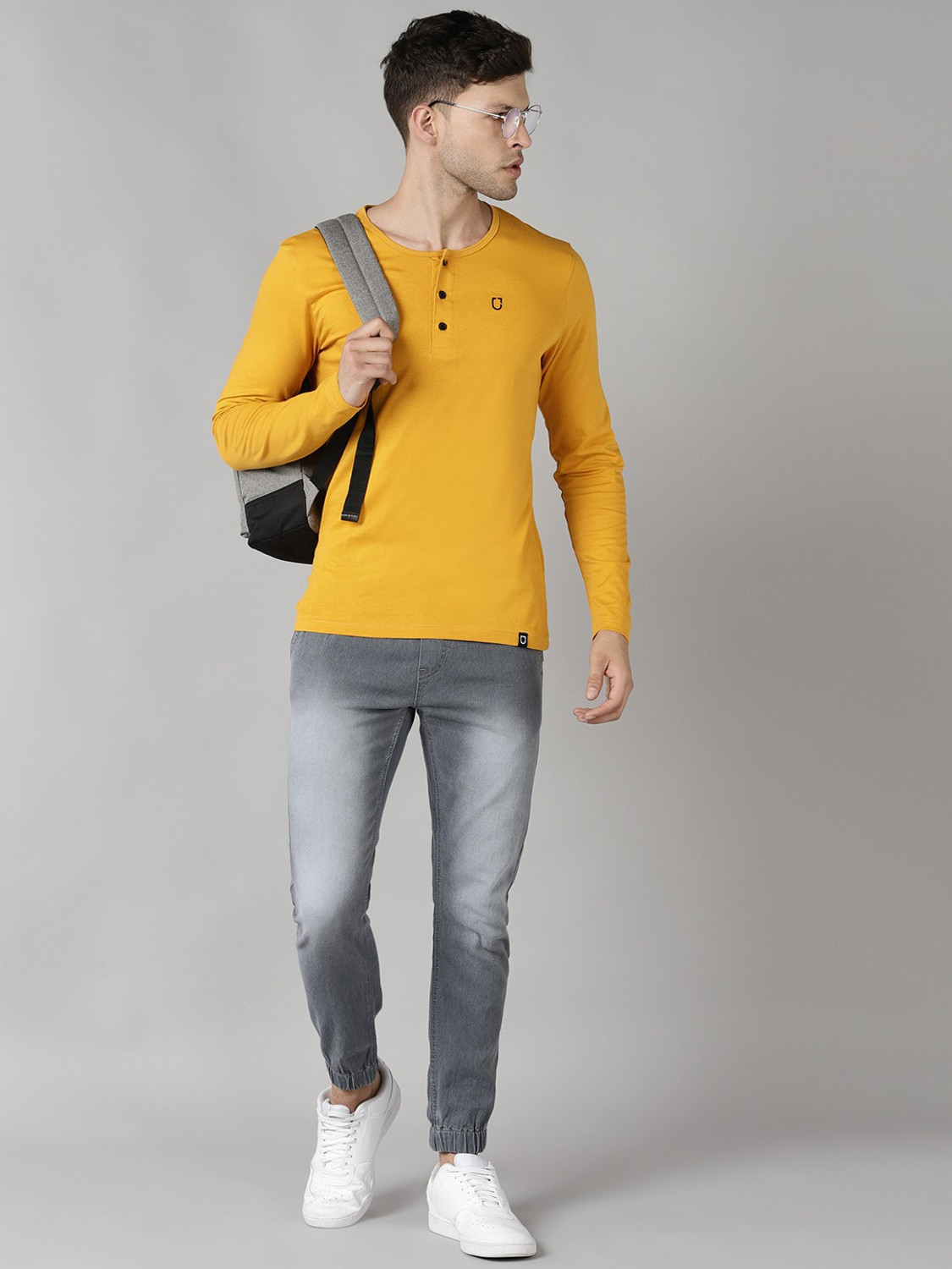 Image of Urbano Fashion Solid Men Henley Neck Yellow T-Shirt