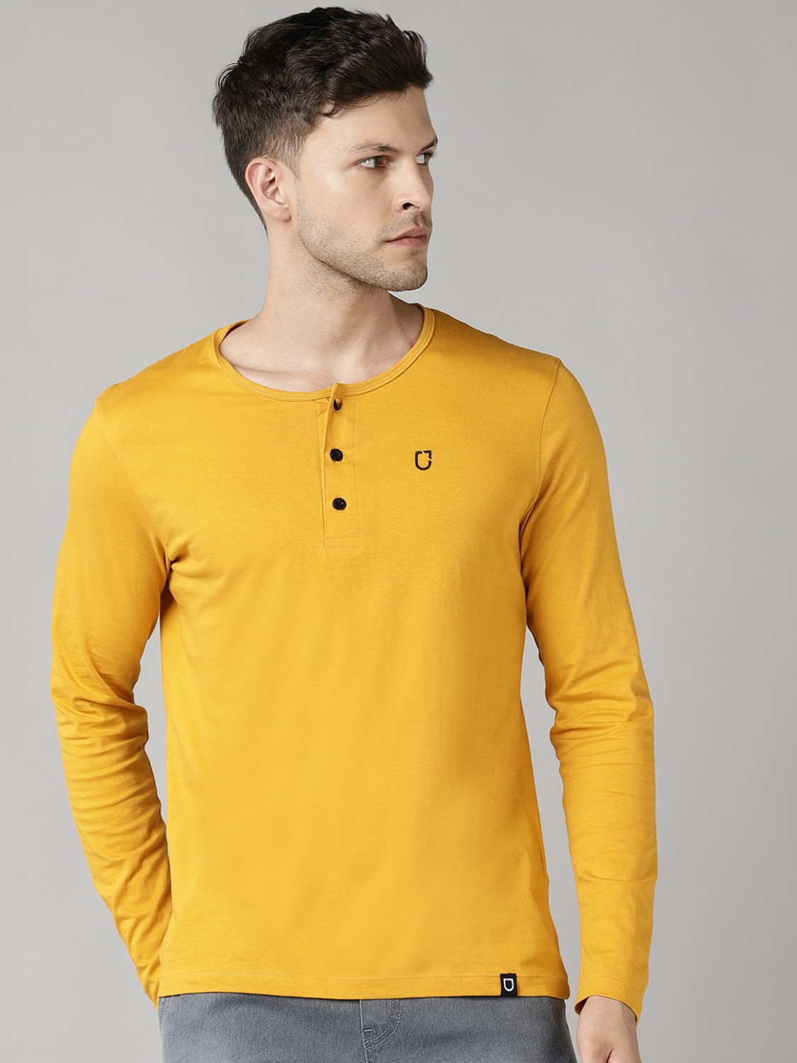Image of Urbano Fashion Solid Men Henley Neck Yellow T-Shirt