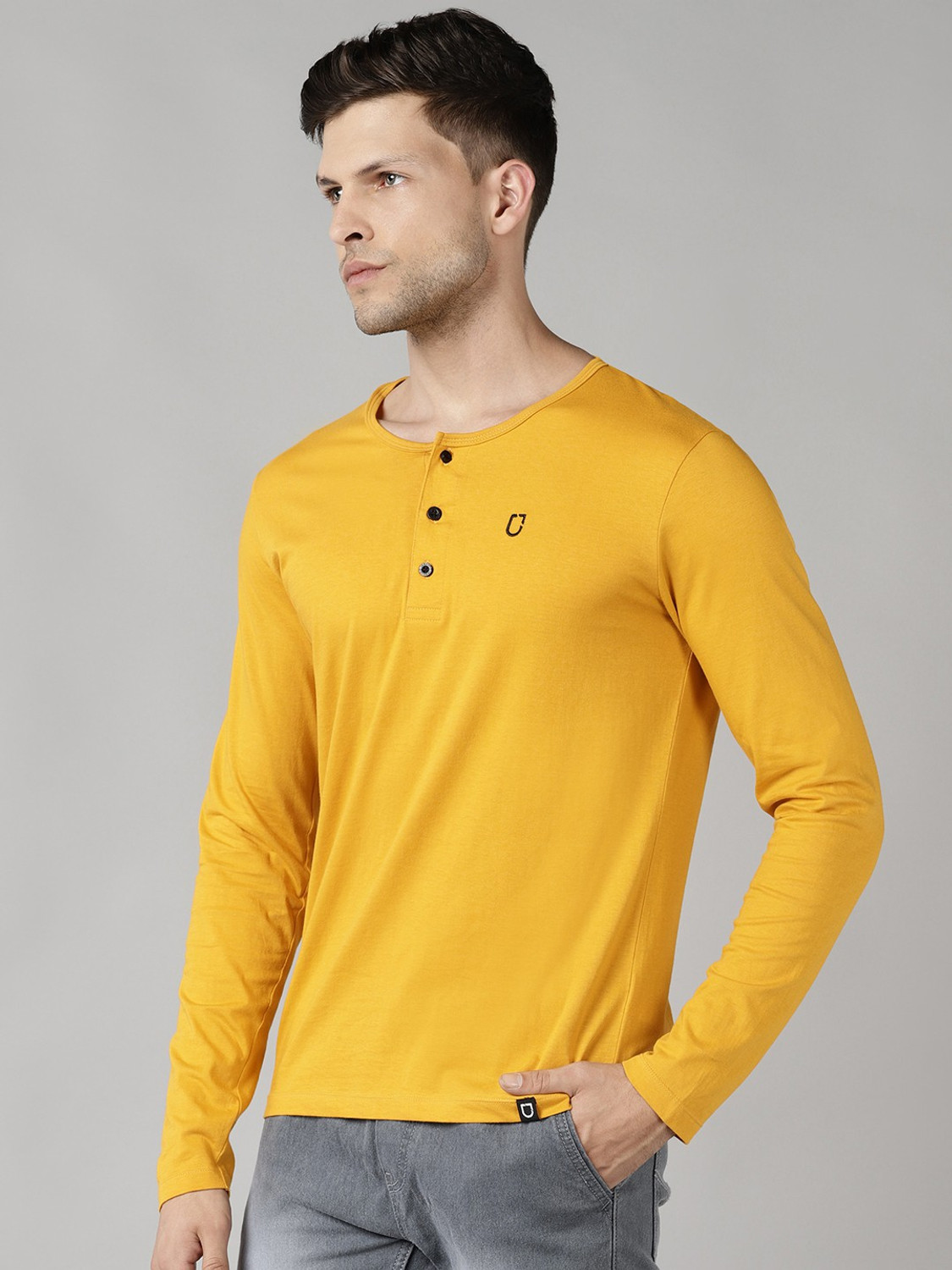 Image of Urbano Fashion Solid Men Henley Neck Yellow T-Shirt