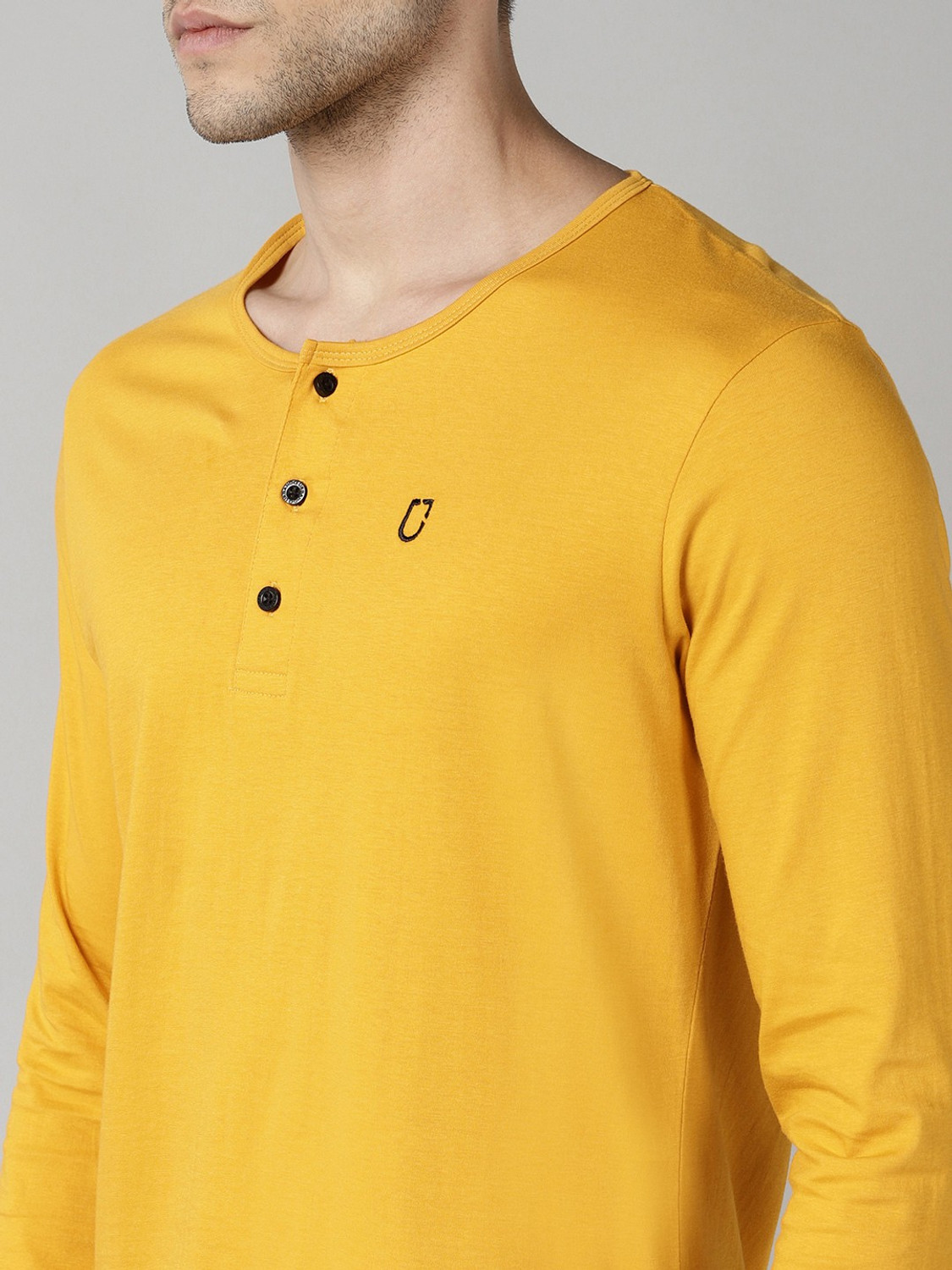 Image of Urbano Fashion Solid Men Henley Neck Yellow T-Shirt