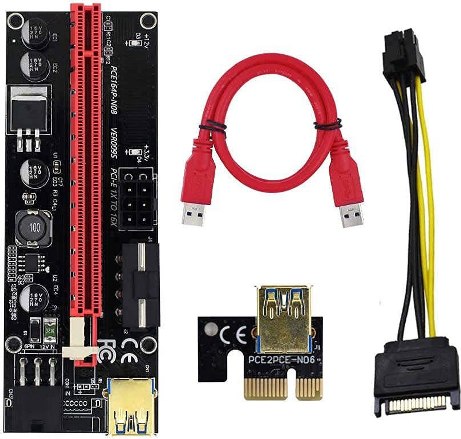 Tobo VER009S PCIE Riser Express Cable 1X to 16X (Dual-6pin / MOLEX) with Led Graphics Extension Ethereum ETH Mining Powered PCI-E Riser Adapter Card, with 24inches USB 3.0 Cable (VER009S) DDR2 2 GB NVIDIA Chipset 30 bit 64 MHz Graphics Card