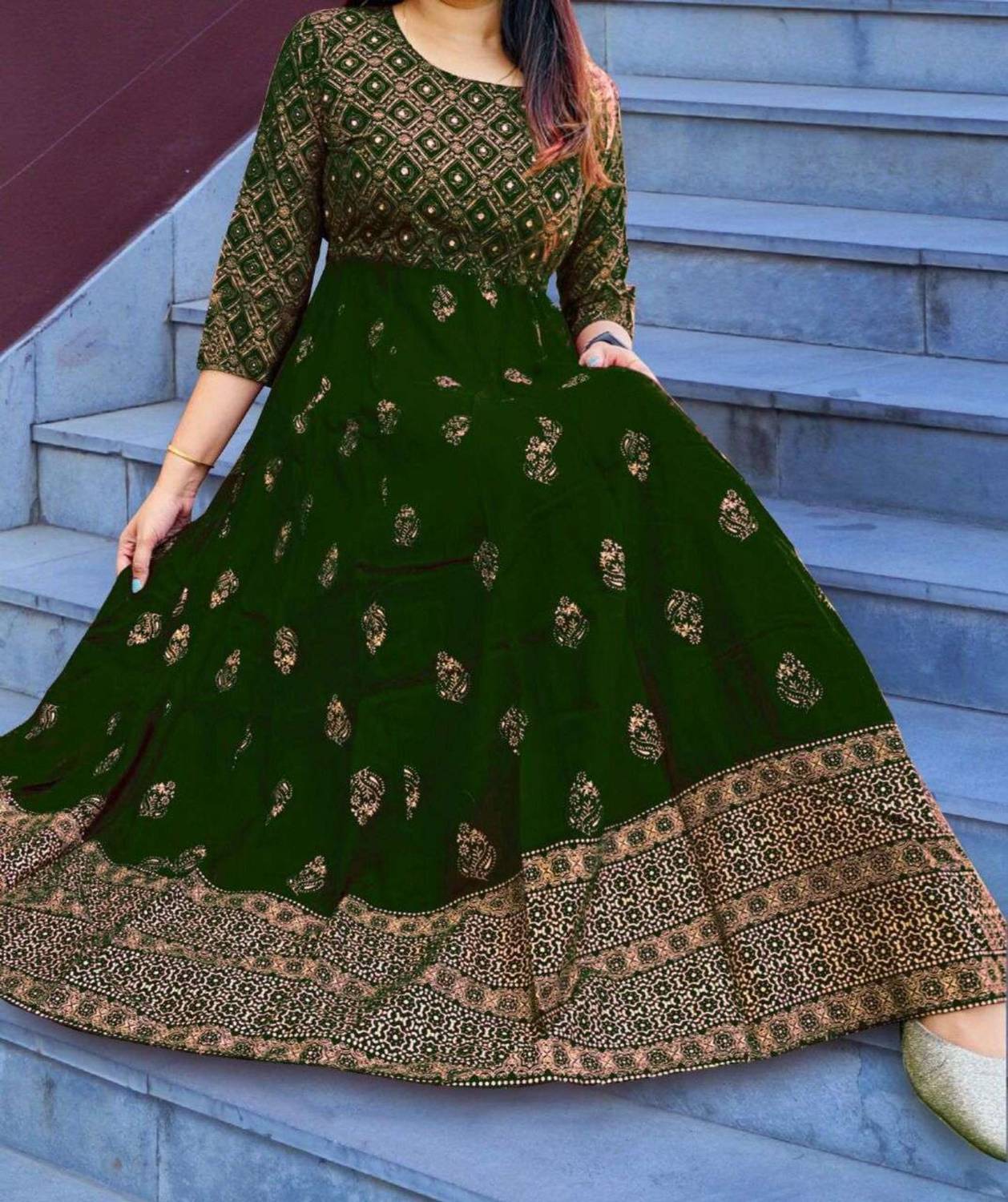 BRAHMASTRA Women Printed Viscose Rayon Anarkali Kurta (Dark Green