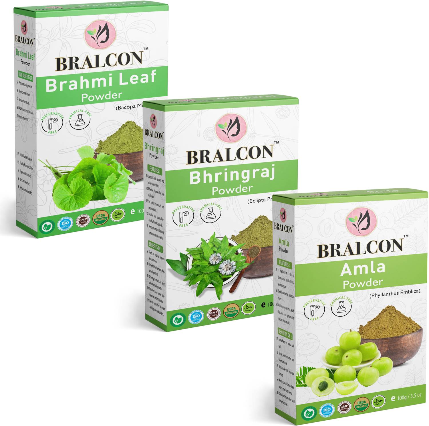 BRALCON Organic Brahmi leaf Powder, Amla Powder, Bhringraj Powder Combo -(100g x 3 Pack)