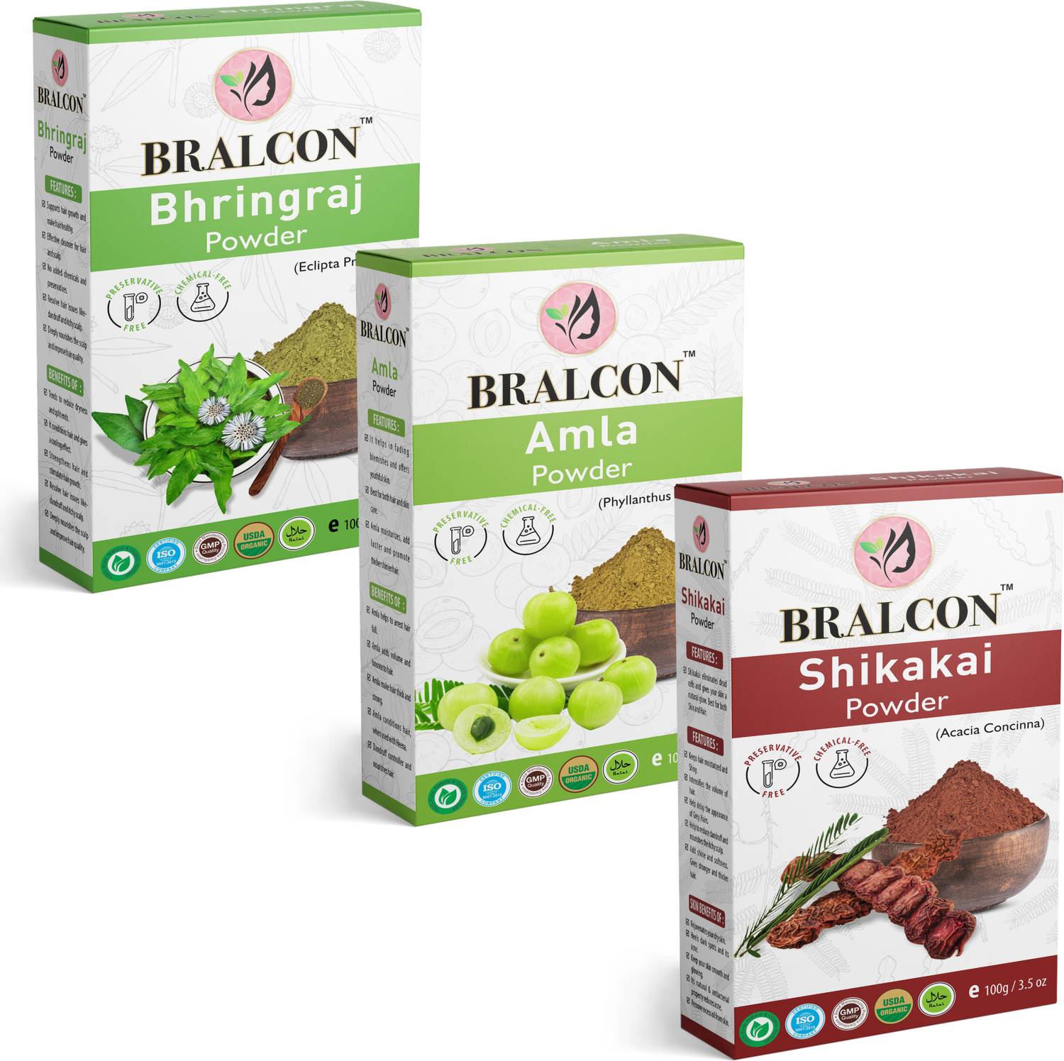 BRALCON Organic Amla Powder, Shikakai Powder, Bhringraj Powder Combo -(100g x 3 Pack) |