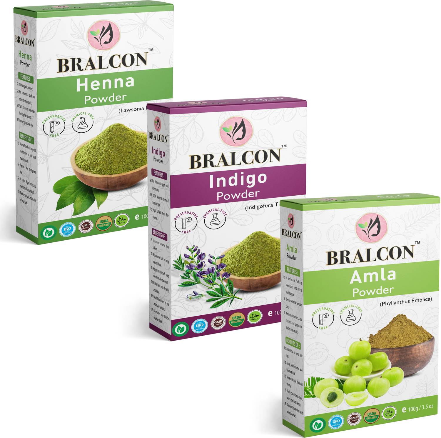 BRALCON Organic Henna/Mehendi Powder, Indigo Powder, Amla Powder Combo-(100g x 3 Pack)|
