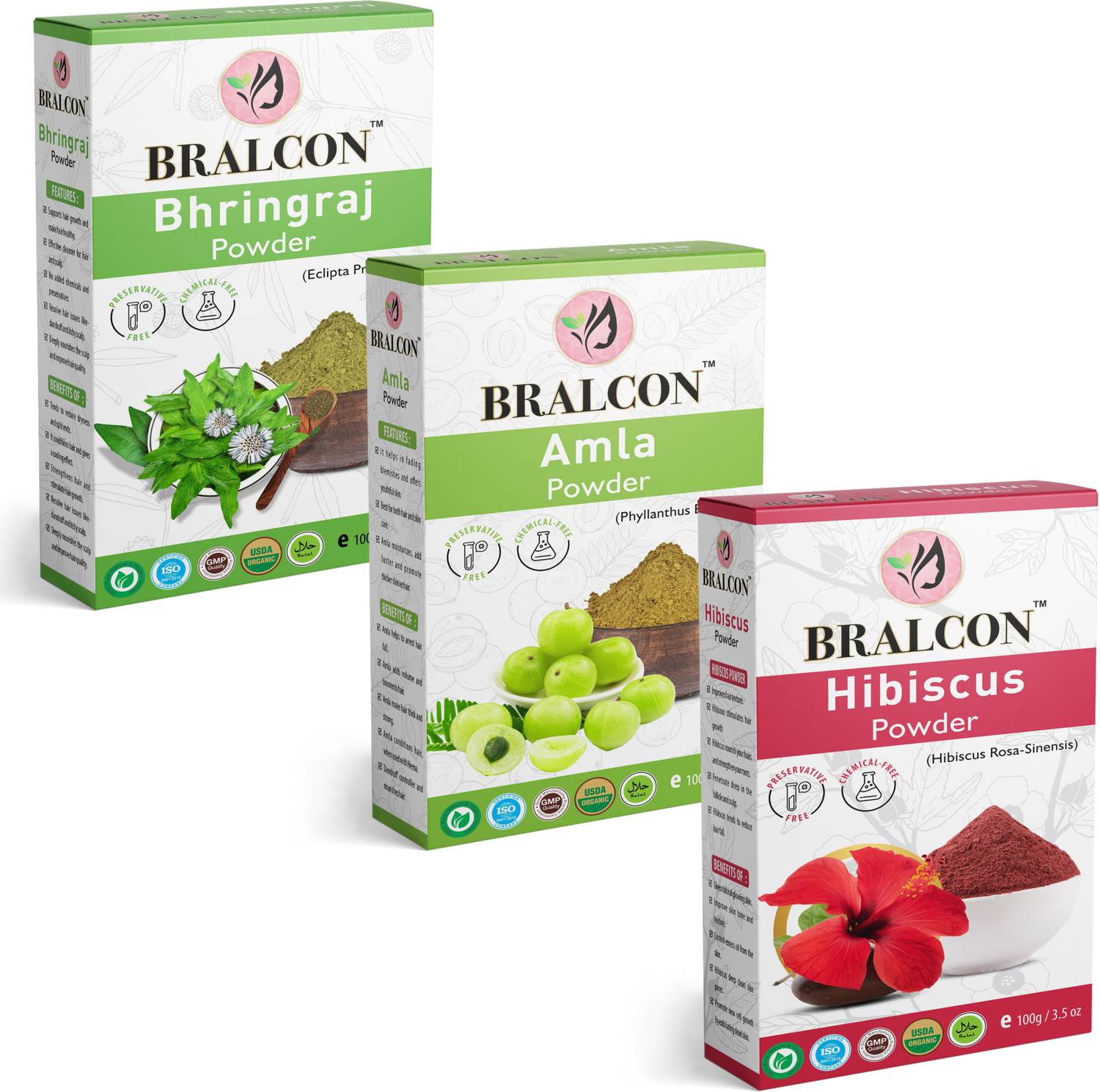 BRALCON Organic Amla Powder, Hibiscus Powder, Bhringraj Powder Combo -(100g x 3 Pack)|