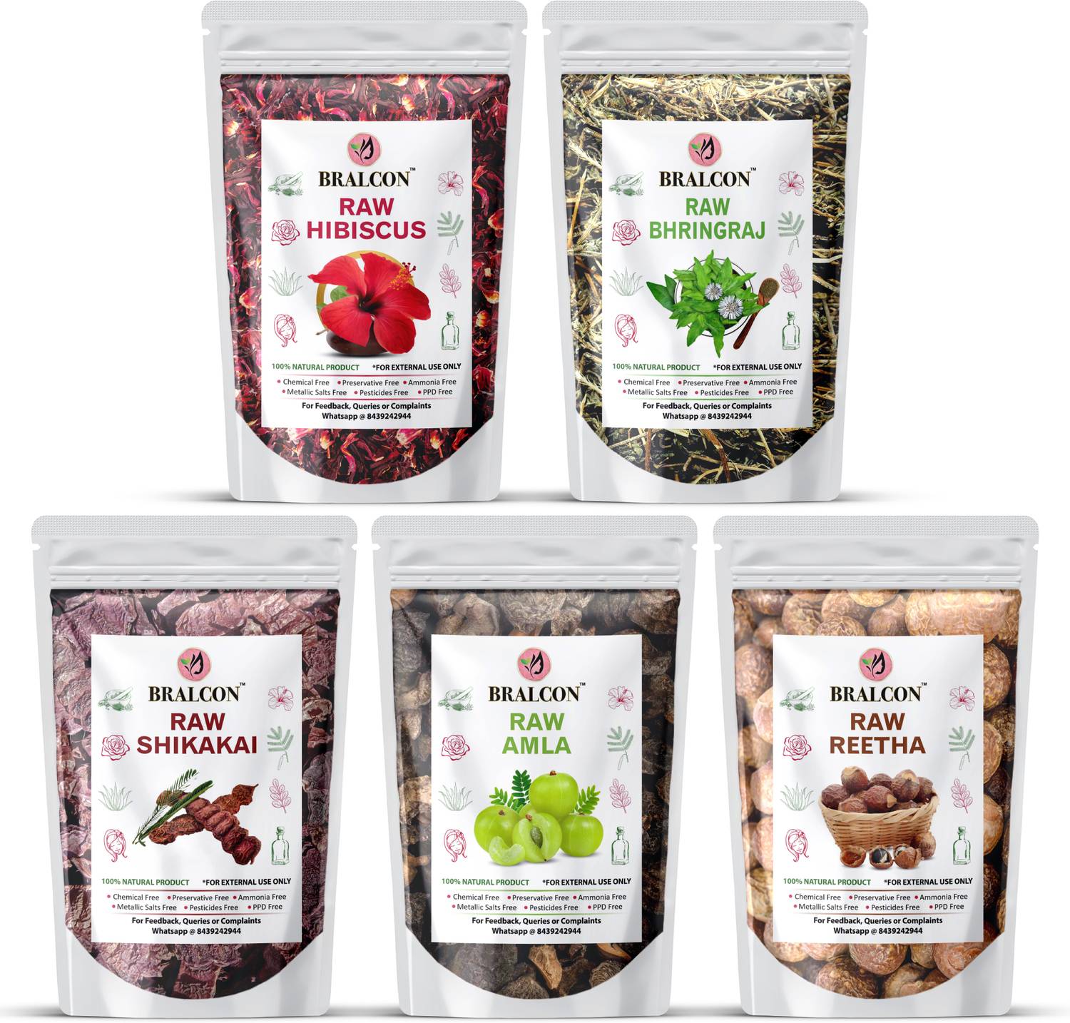BRALCON Organic Raw Amla, Reetha, Shikakai, bhringraj, Hibiscus Combo-100g Each Pack |