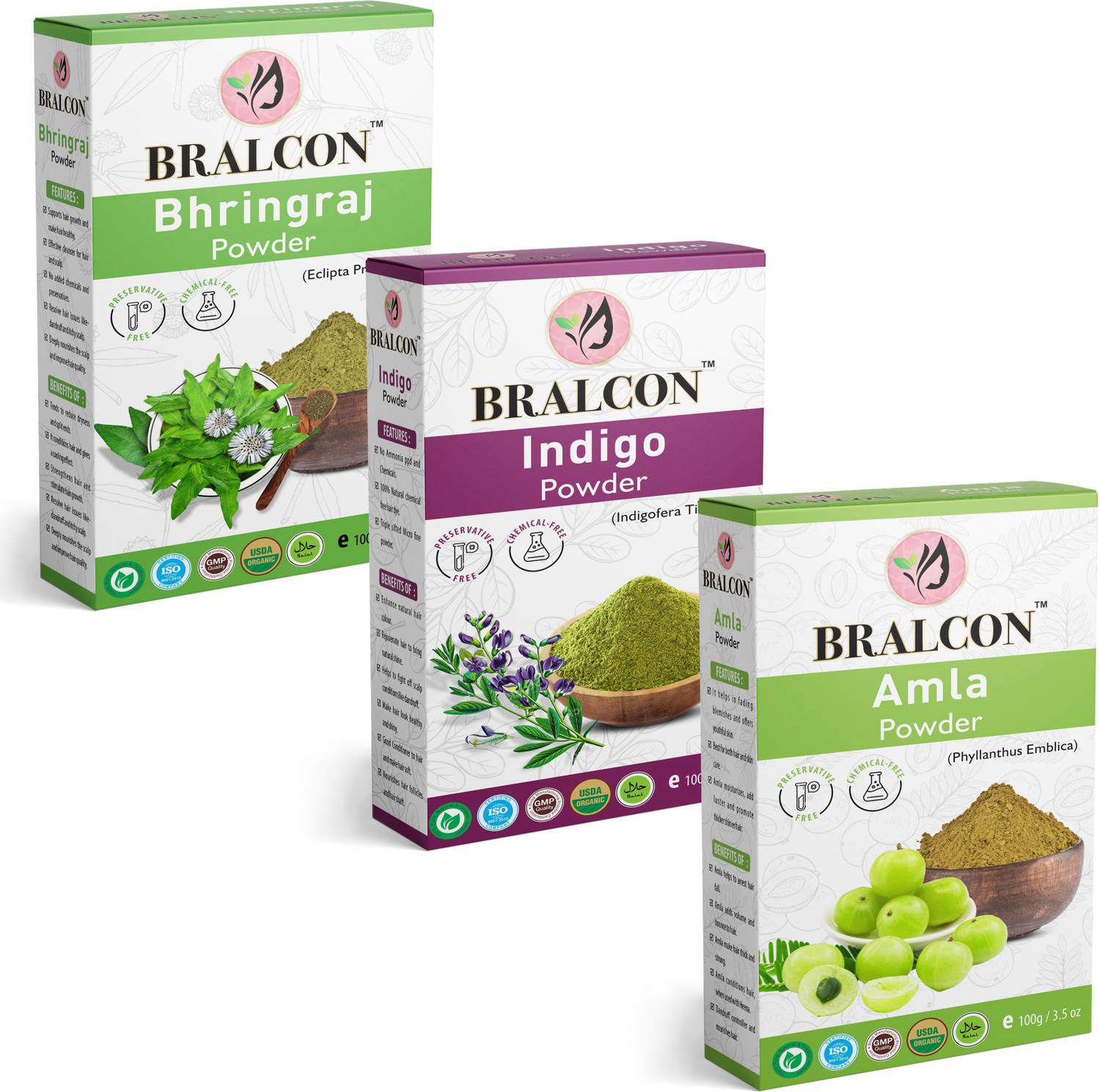 BRALCON Organic Bhringraj Powder, Indigo leaves Powder, Amla Powder Combo -(100g x 3) |