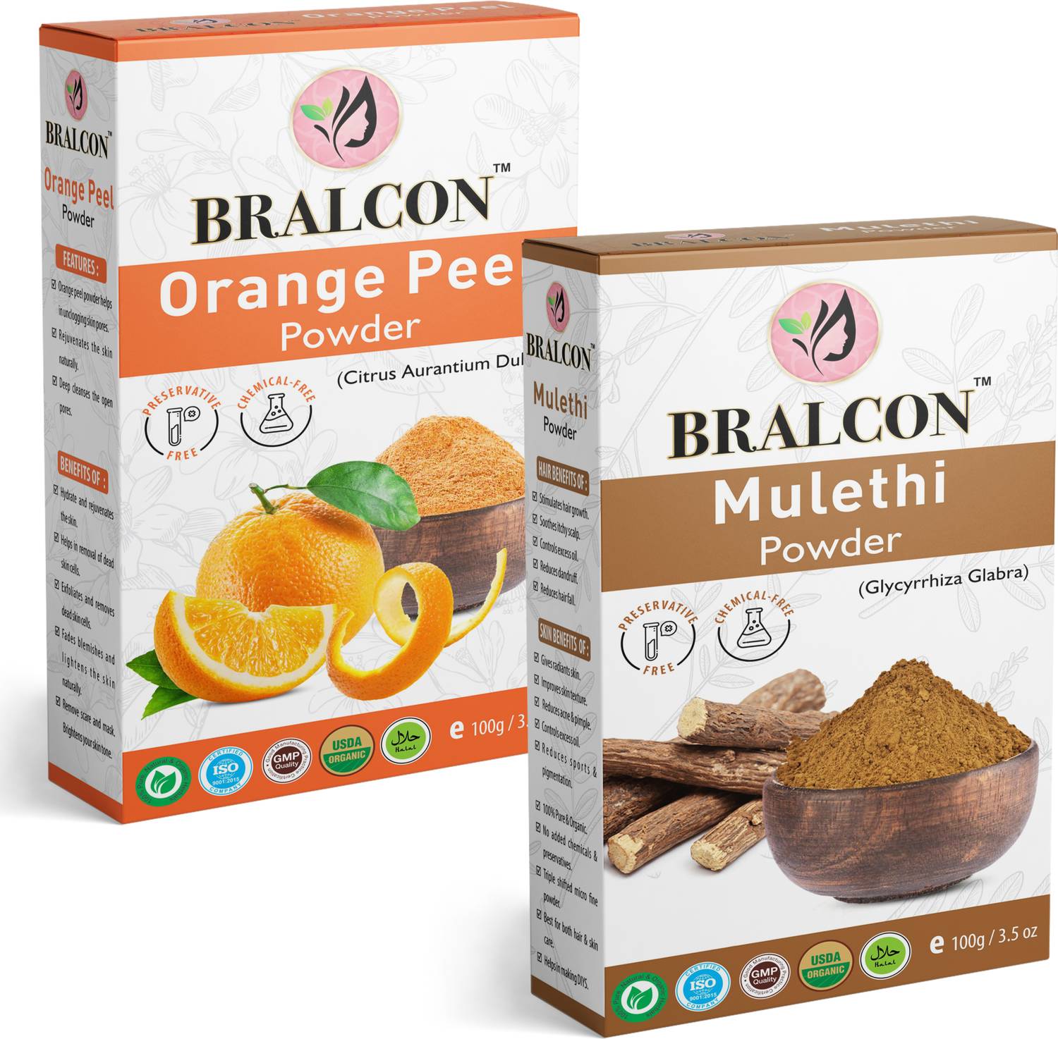 BRALCON Organic Orange Peel Powder, Mulethi/Liquorice Powder Combo-(100g x 2)| Face Pack