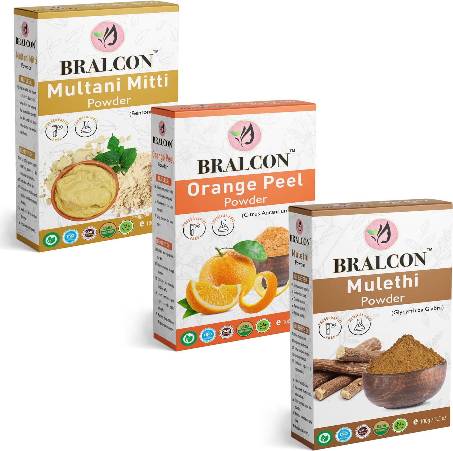 BRALCON Organic Multani Mitti, Orange, Mulethi Powder Combo -(100g x 3 Pack) | face Pack
