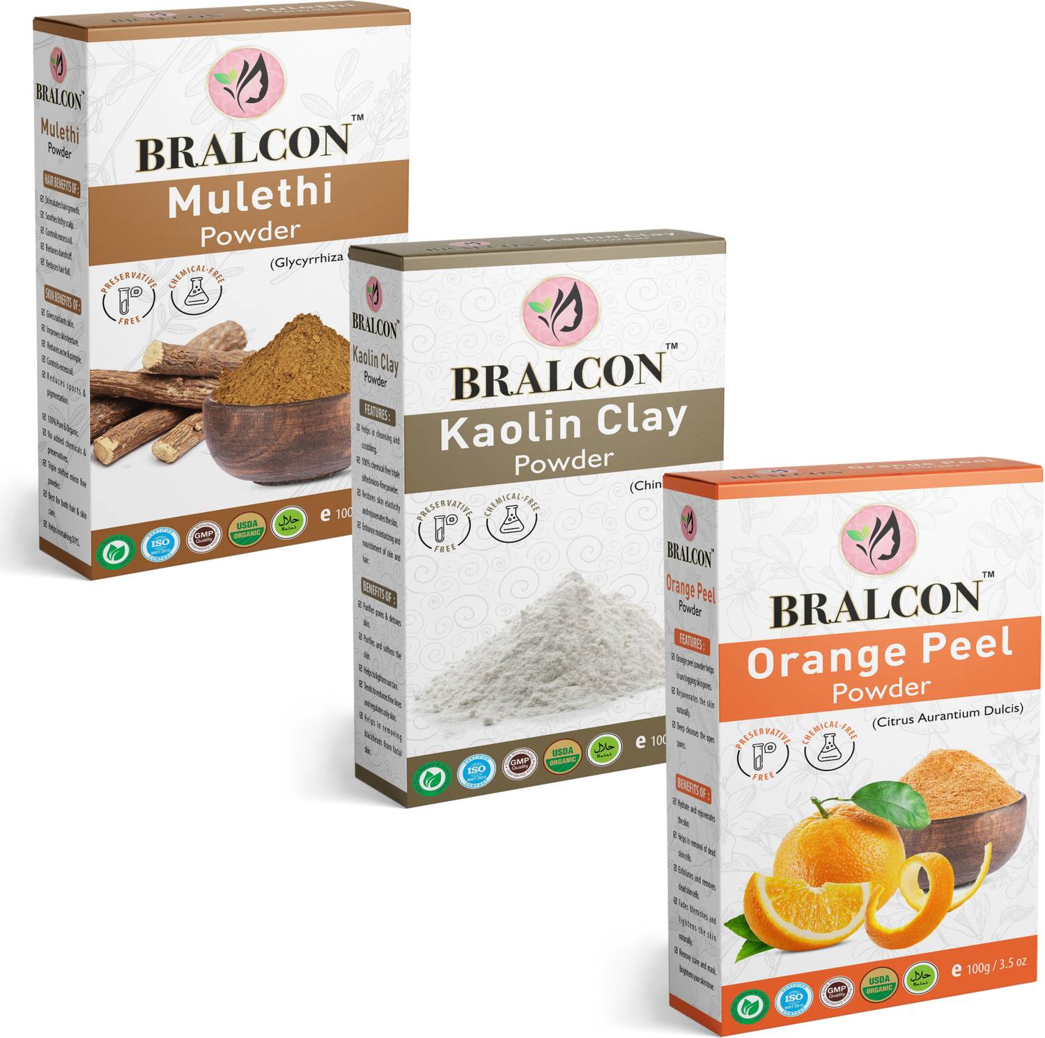 BRALCON Organic Liquorice/Mulethi, Kaolin Clay, Orange Peel Powder Combo-(100g x 3 Pack)
