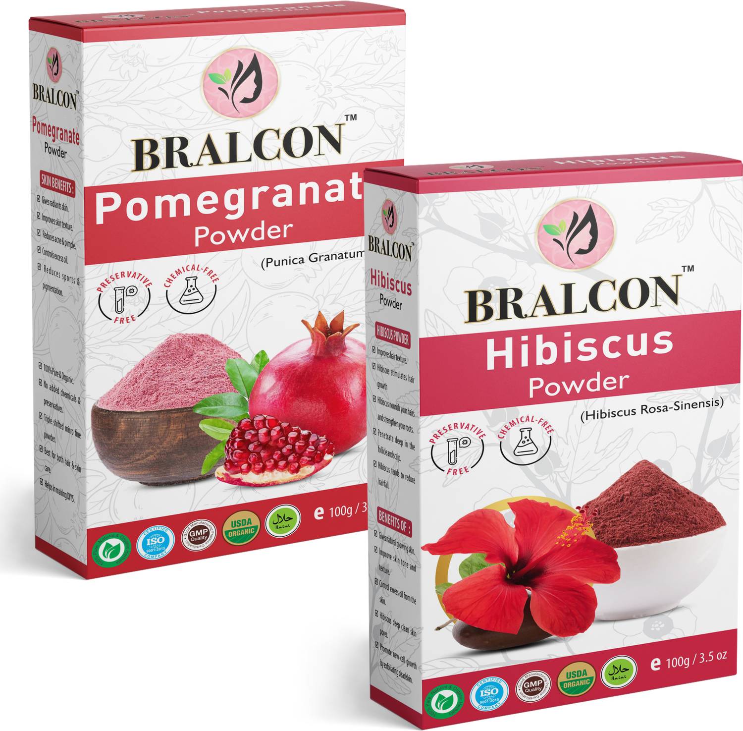 BRALCON Organic Pomegranate Peel Powder, Hibiscus Powder Combo-(100g x2 Pack)| Face Pack
