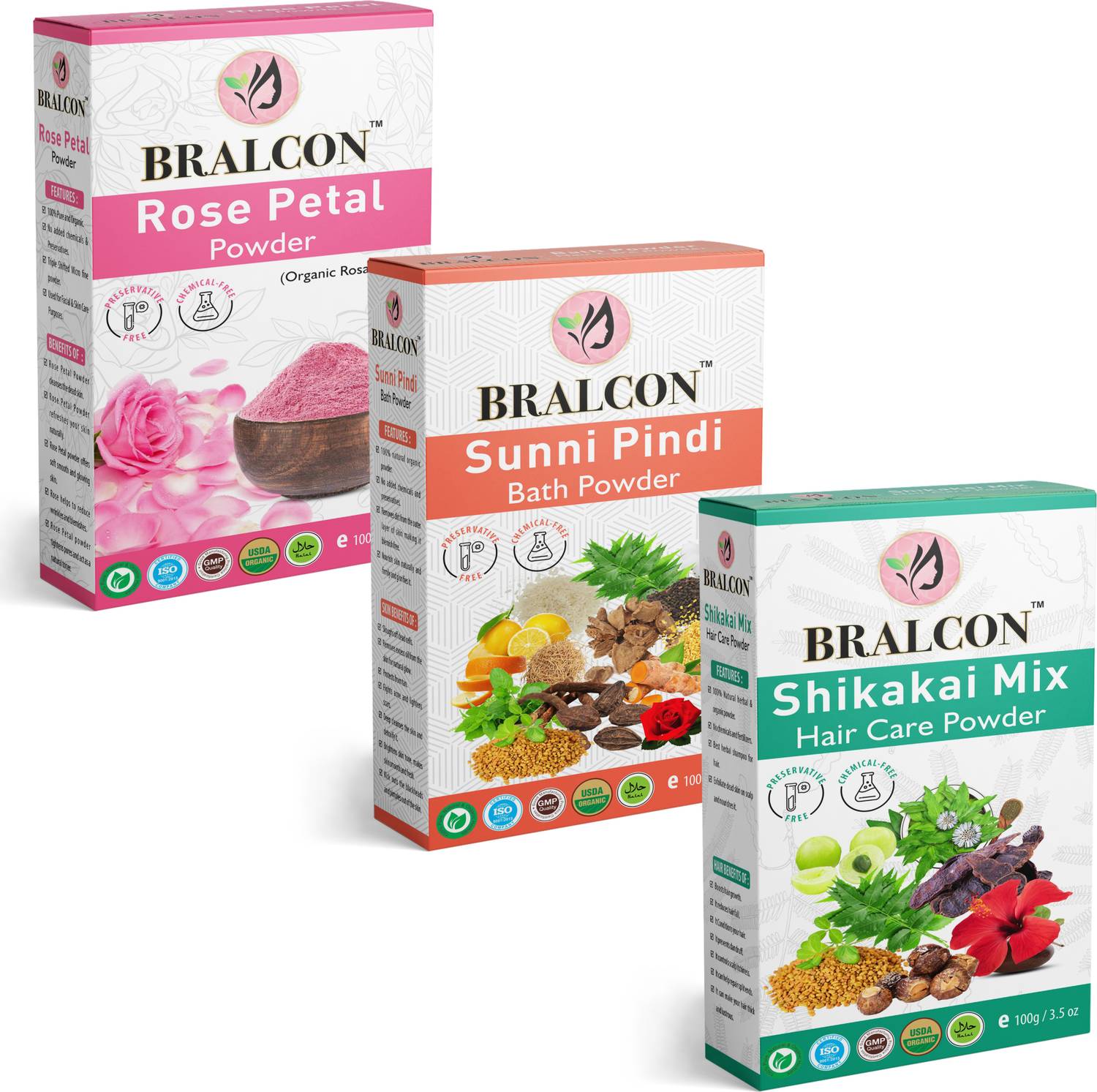 BRALCON Organic Rose Powder, Sunni Pindi , Shikakai Mix Powder-(100g x3 Pack)| Face Pack