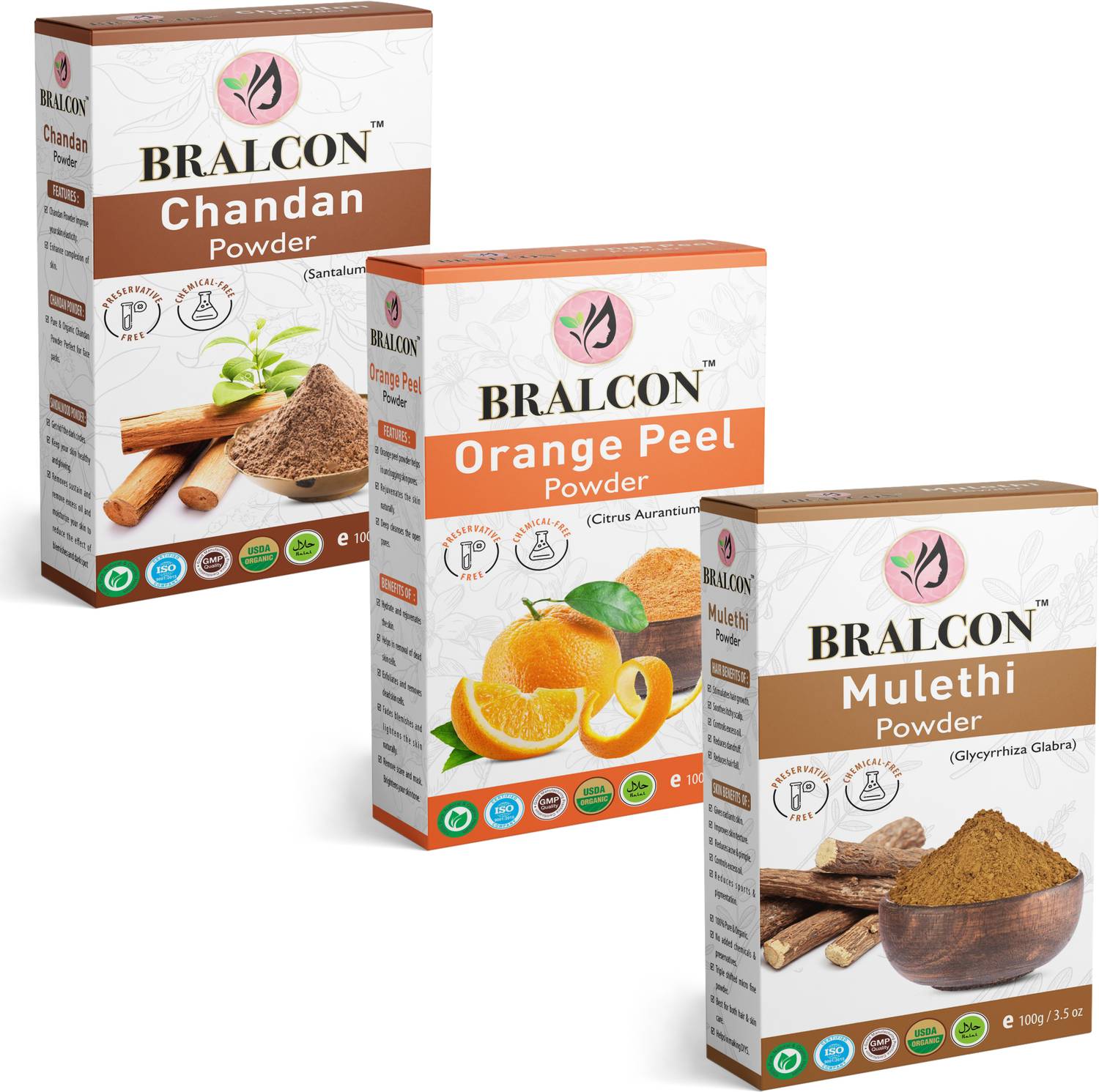 BRALCON Organic Chandan, Orange, Liquorice/Mulethi Powder Combo-(100g x3 Pack)|Face Pack