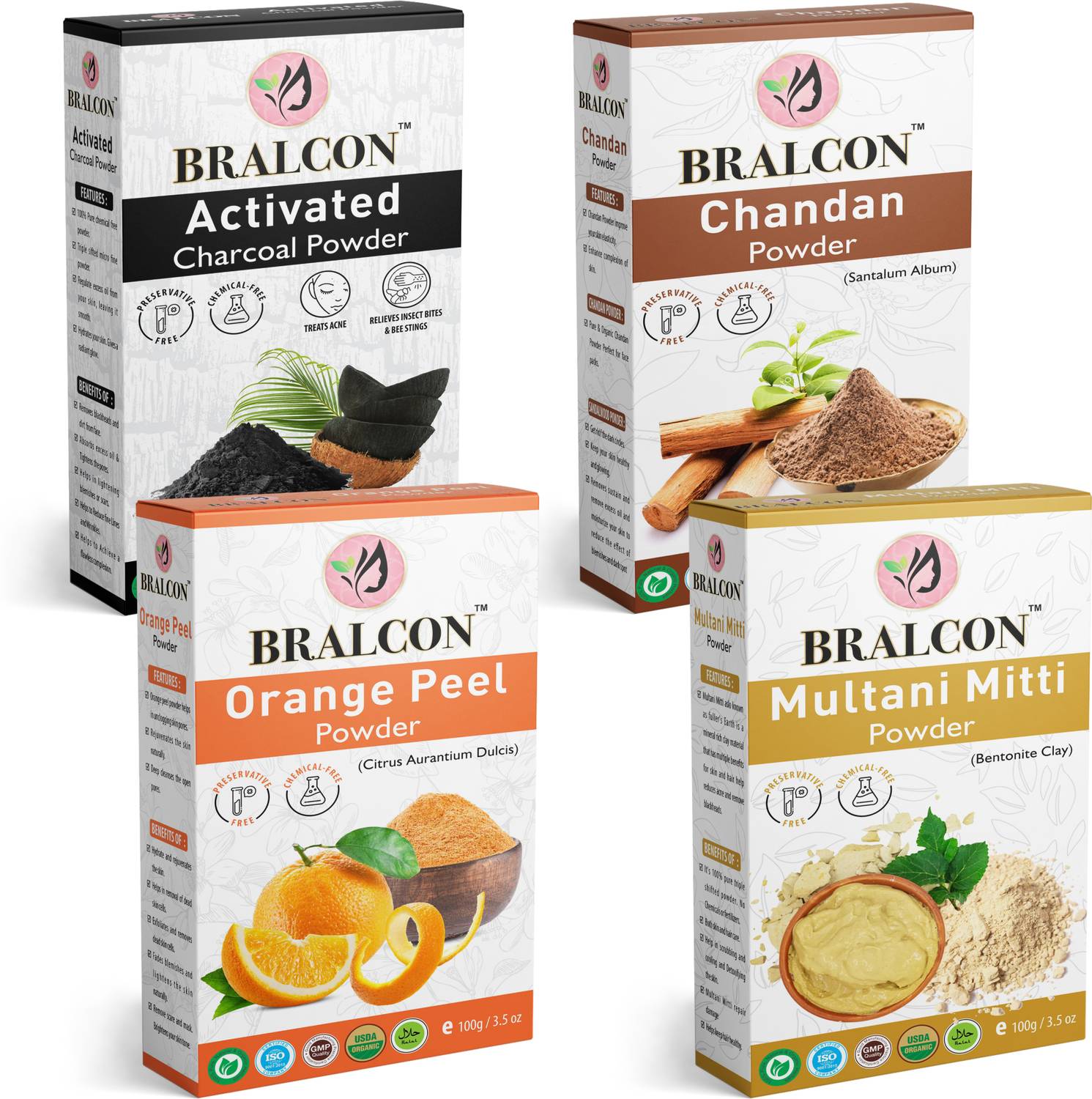 BRALCON Activated Charcoal, Chandan, Orange, Multani Mitti Powder Combo-(100g x 4 Pack)|