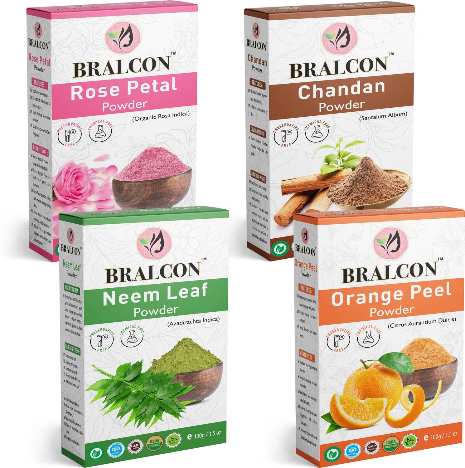 BRALCON Organic Rose Petals, Chandan, Neem, Orange Powder Combo-(100g x4 Pack)|Face Pack