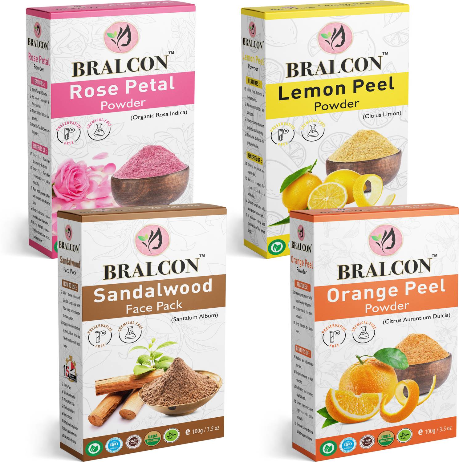 BRALCON Organic Rose Petal, Sandalwood, Orange, Lemon Peel Powder Combo-(100g x 4 Pack)|