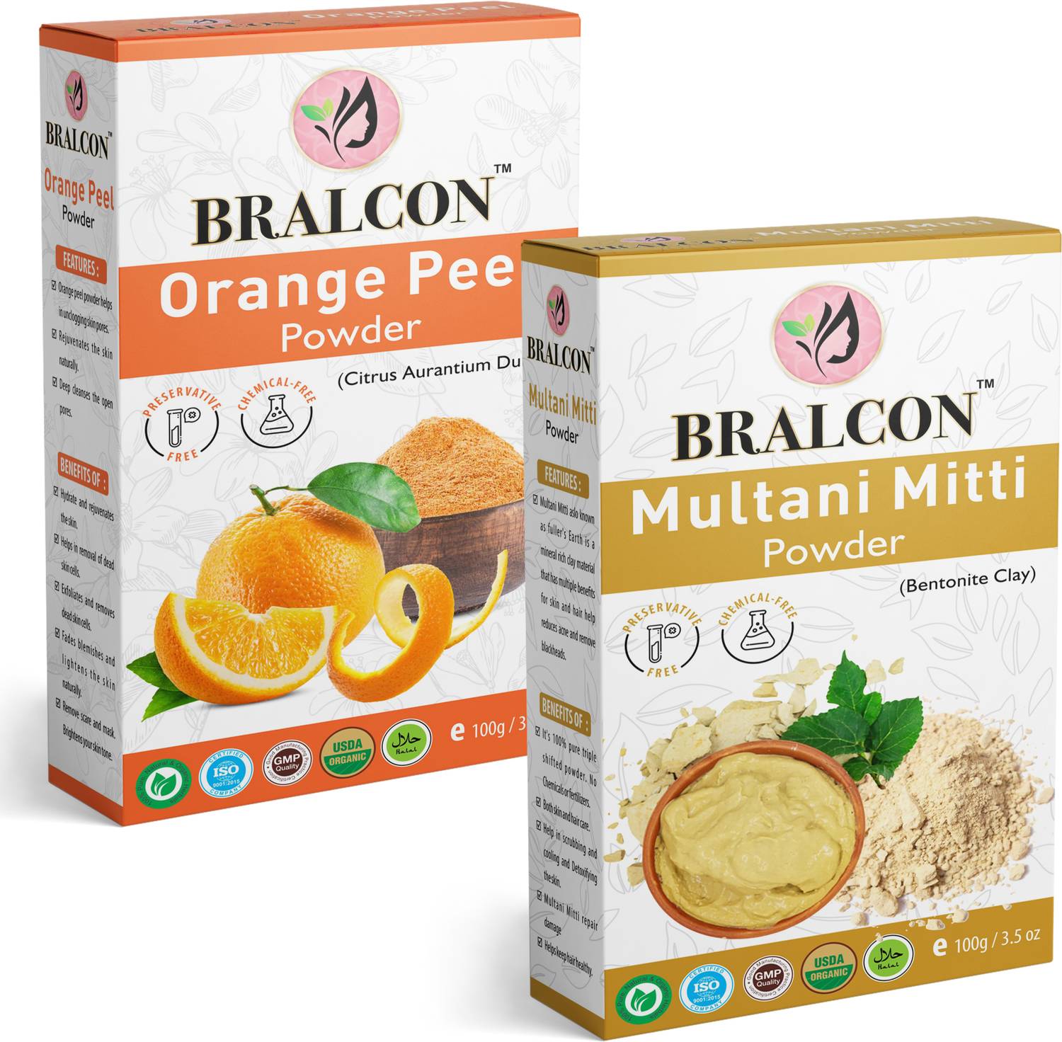 BRALCON Organic Orange Peel Powder, Multani Mitti Powder Combo-(100g x2 Pack)| Face Pack