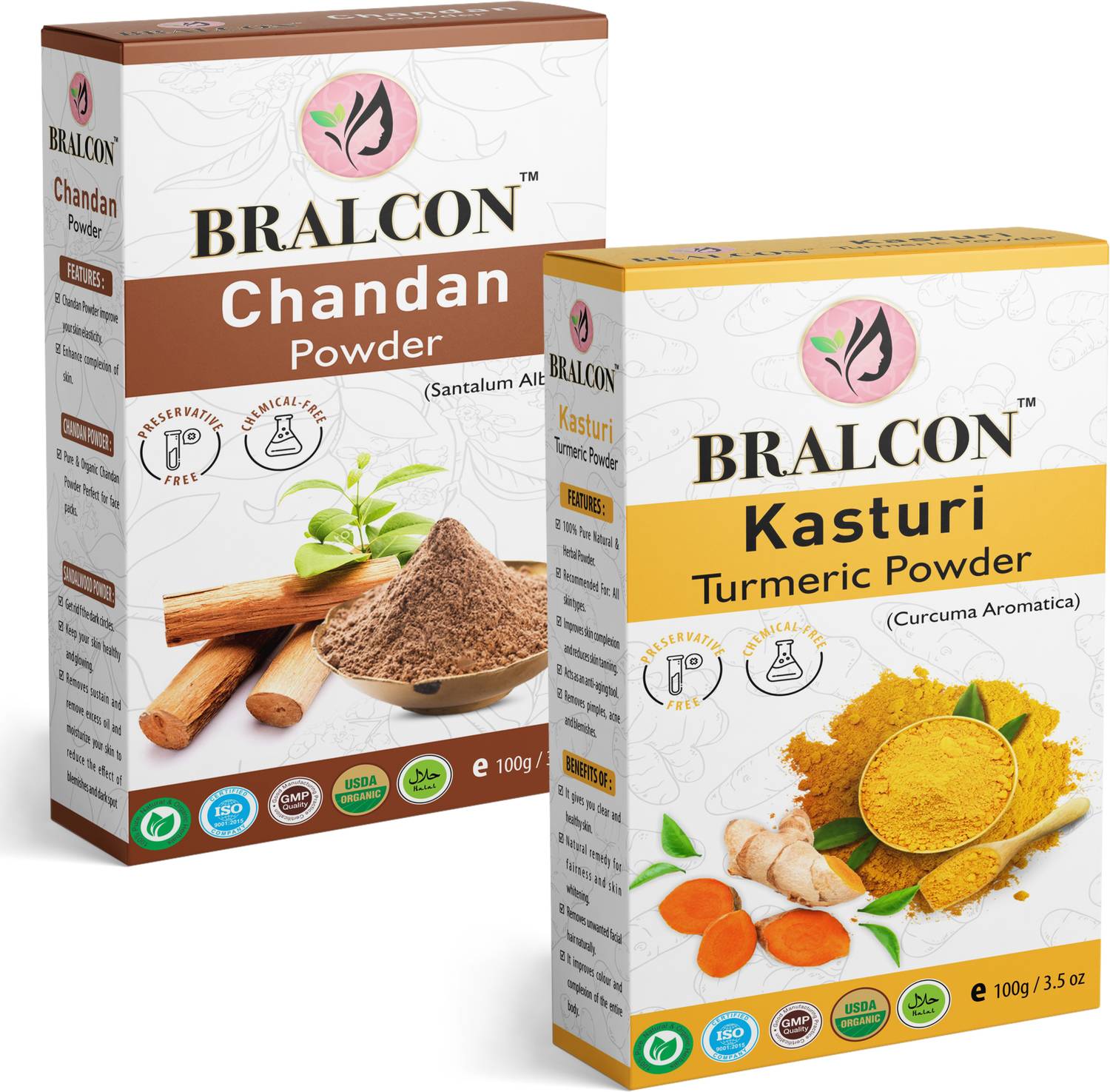 BRALCON Organic Kasturi Turmeric/Haldi Powder, Chandan Powder Combo-(100g x 2)|Face Pack