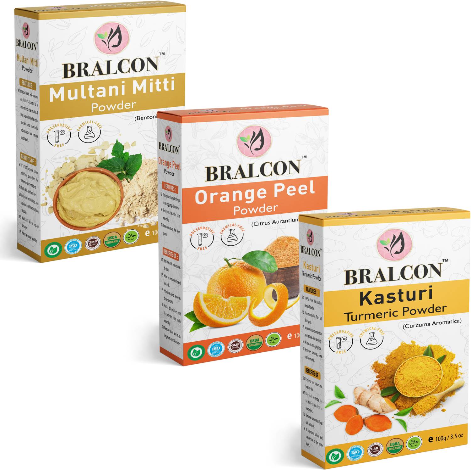 BRALCON Organic Multani Mitti, Orange, Kasturi Turmeric Powder Combo-(100g x3)|Face Pack